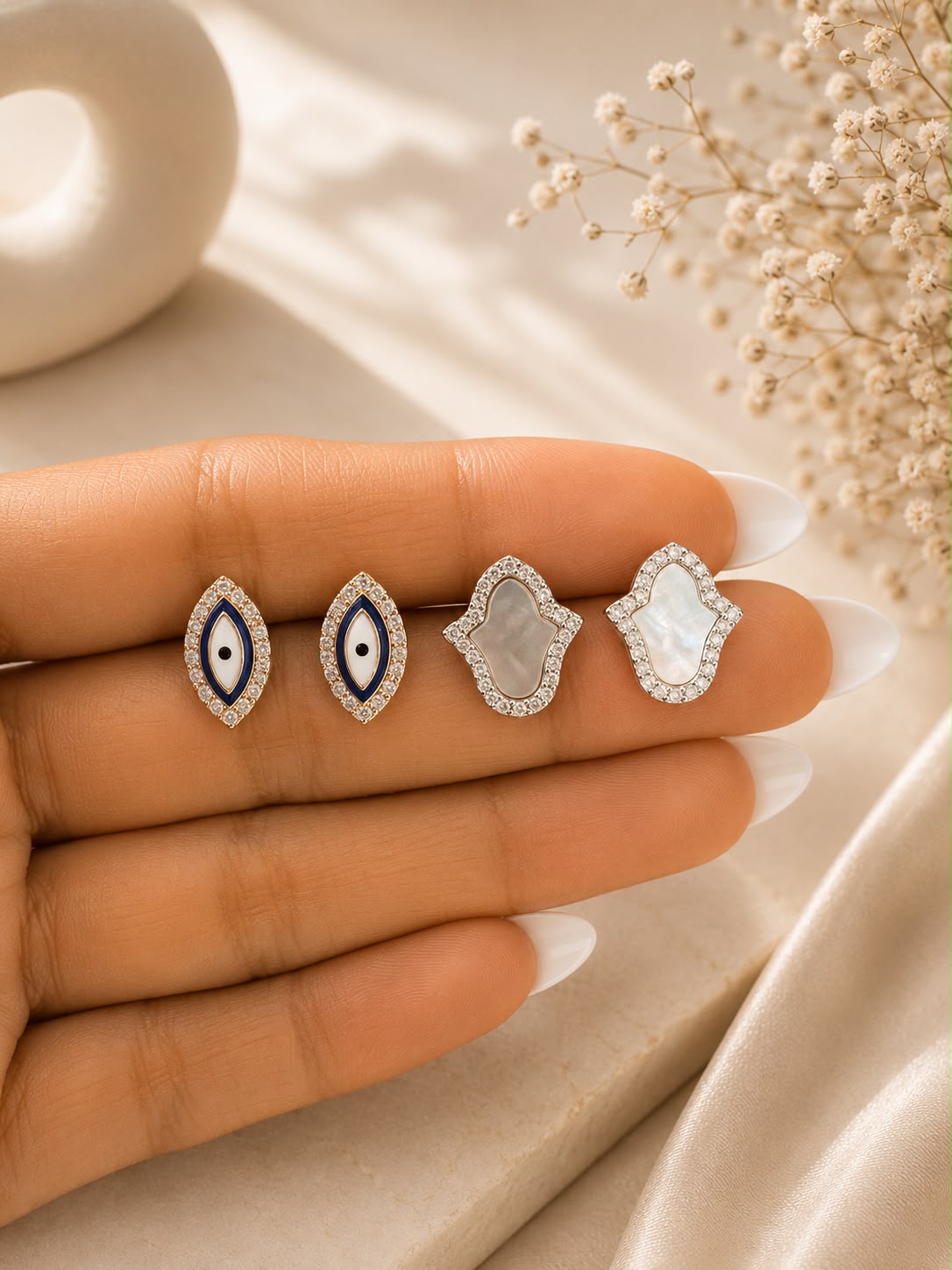 Twenty One Jewels Raksha Bandhan Combo of MOP Hamza and Evil Eye Studs on Pure 925 Silver
