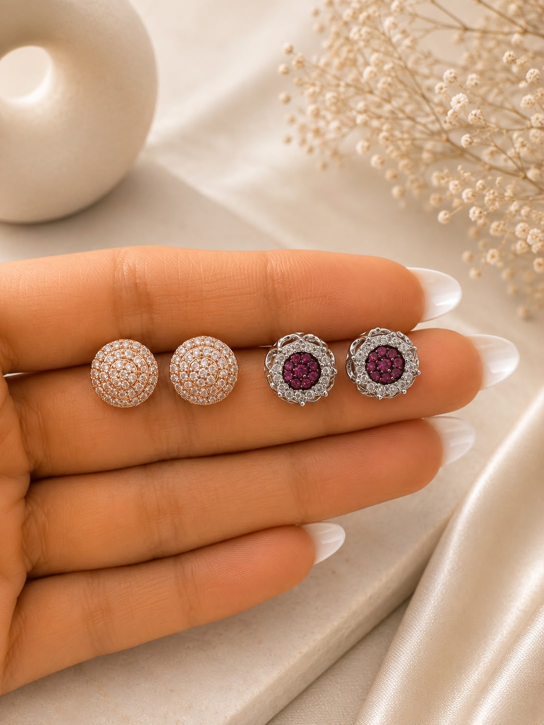 Twenty One Jewels Raksha Bandhan Combo of Rose Gold Round and Ruby With White American Studs on Pure 925 Silver