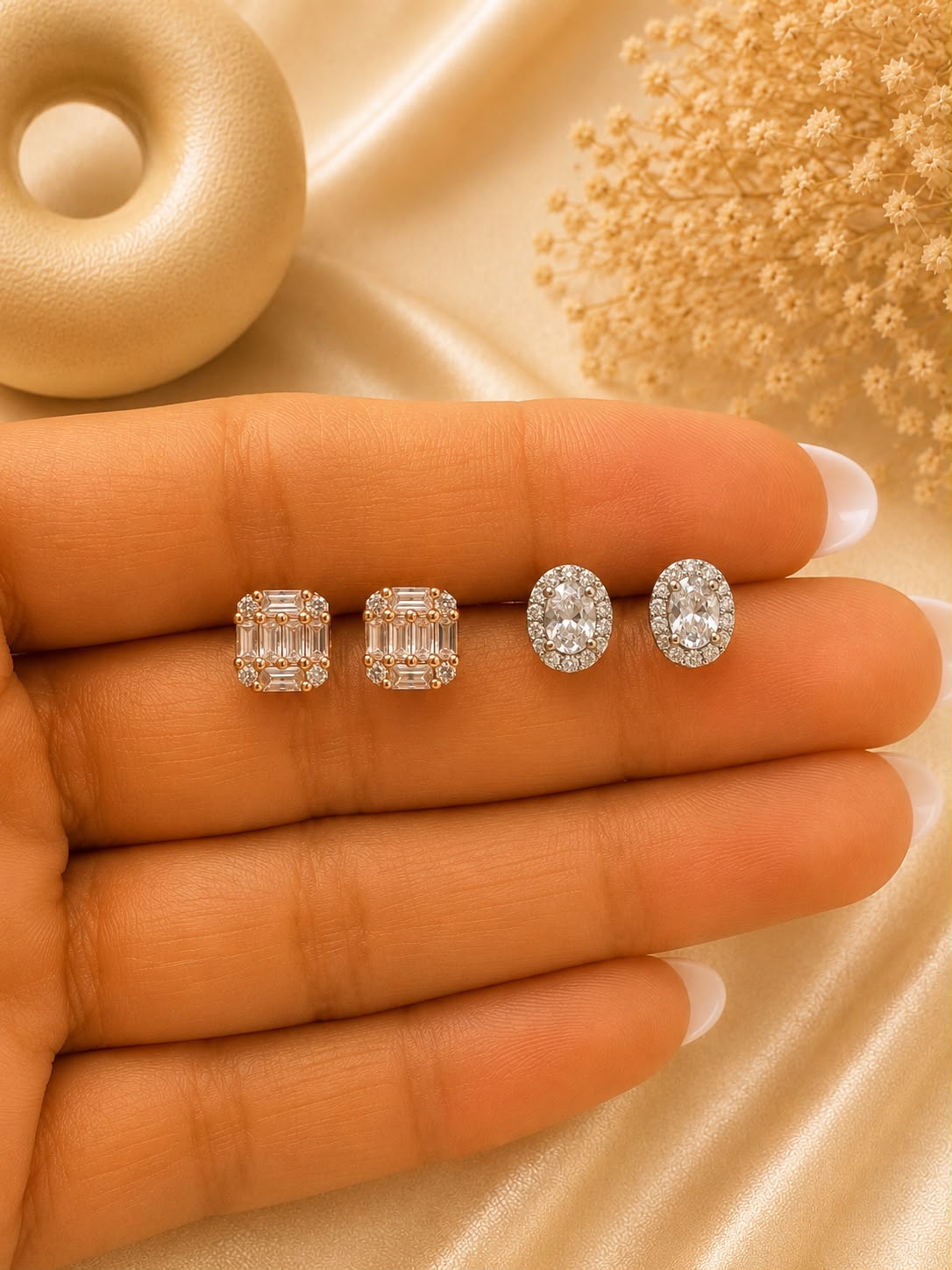 Twenty One Jewels Raksha Bandhan Combo of Rose Gold Emma and Oval Halo Studs on Pure 925 Silver