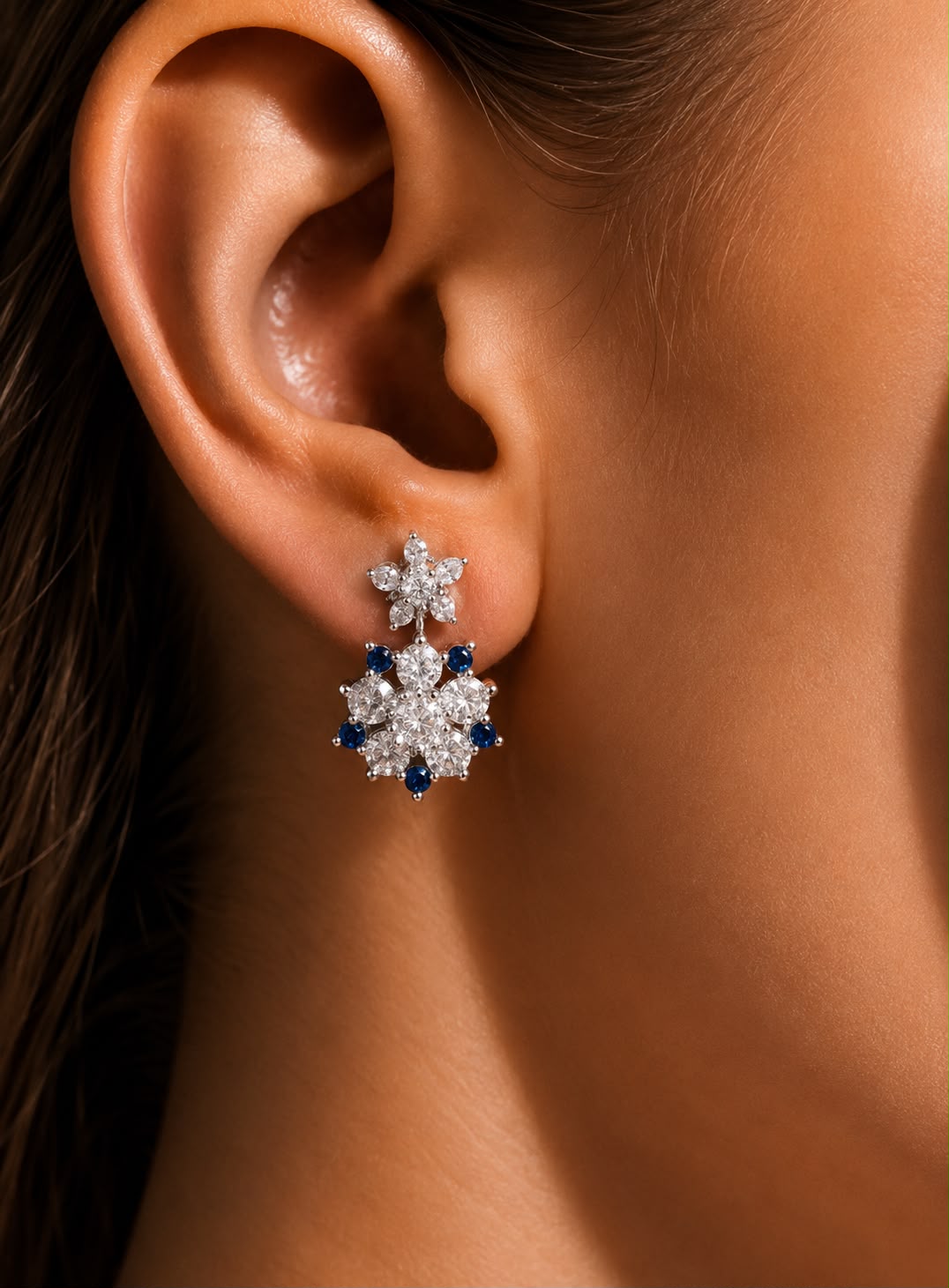 Twenty One Jewels Raksha Bandhan Combo of 5 Petal Drop and Sapphire Snowflake Studs on Pure 925 Silver