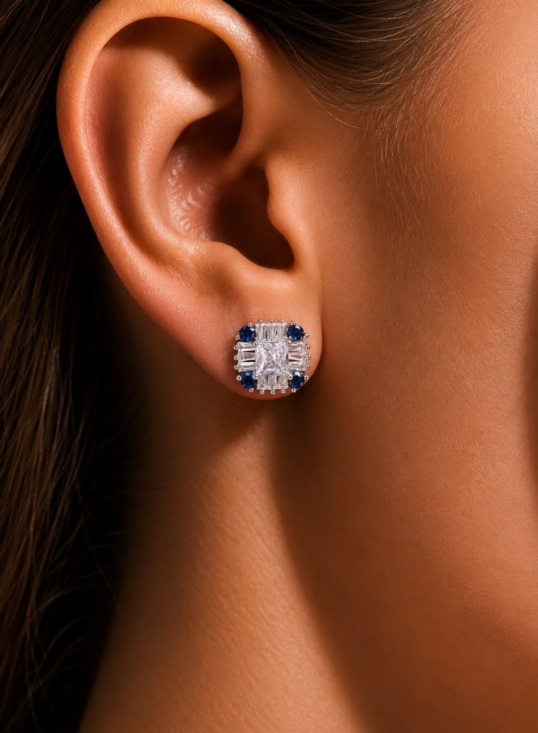 Twenty One Jewels Raksha Bandhan Combo of Princess Cut Solitaire and Blue Diamond and 5 Petal Drop Solitaire Earrings on Pure 925 Silver