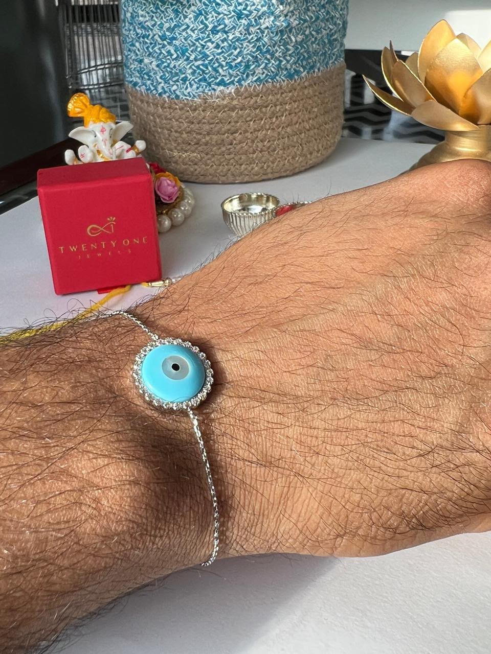 Twenty One Jewels Pure 925 Silver Evil Eye Brother Bhabhi Rakhi Bracelet Combo Set