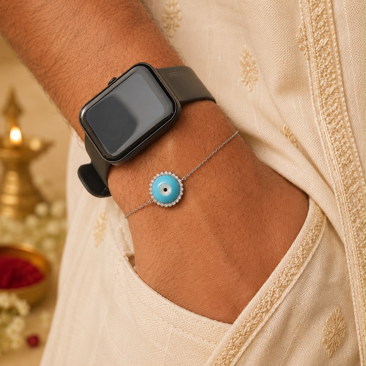 Twenty One Jewels Pure 925 Silver Evil Eye Brother Bhabhi Rakhi Bracelet Combo Set