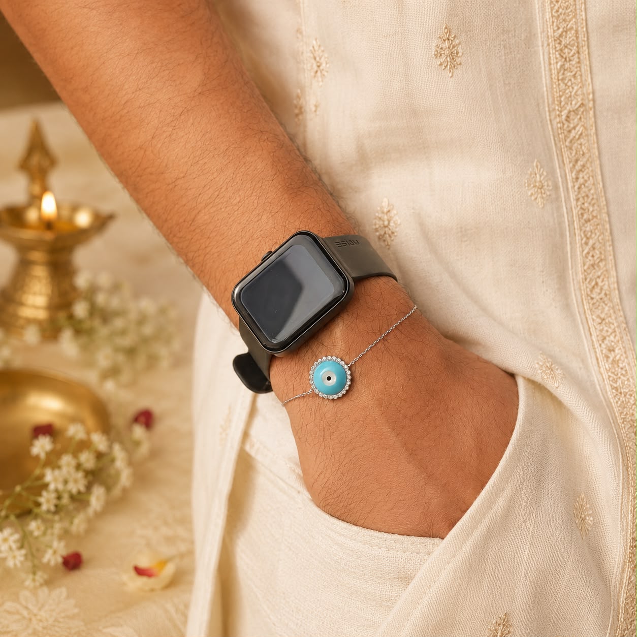 Twenty One Jewels Pure 925 Silver Evil Eye Brother Bhabhi Rakhi Bracelet Combo Set