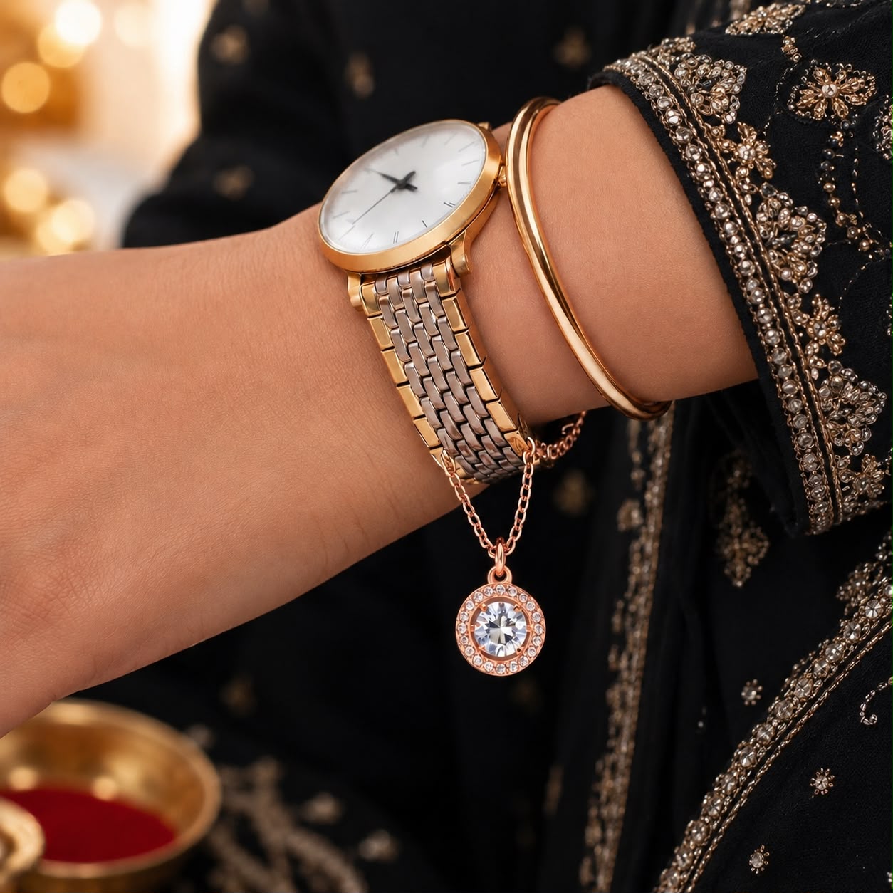 Rose Gold 1 Carat Solitaire Watch Charm on Pure 925 Silver.