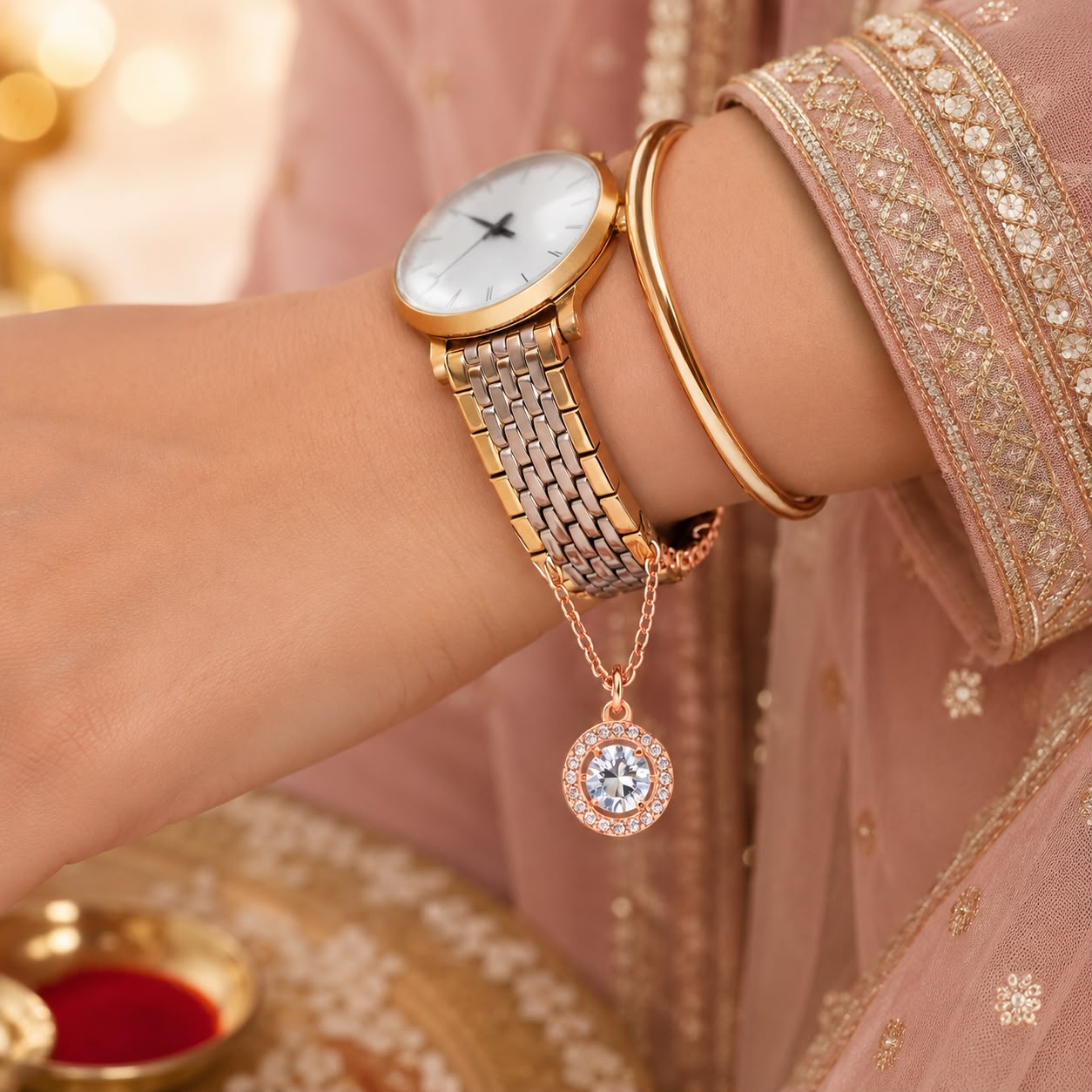 Rose Gold 1 Carat Solitaire Watch Charm on Pure 925 Silver.