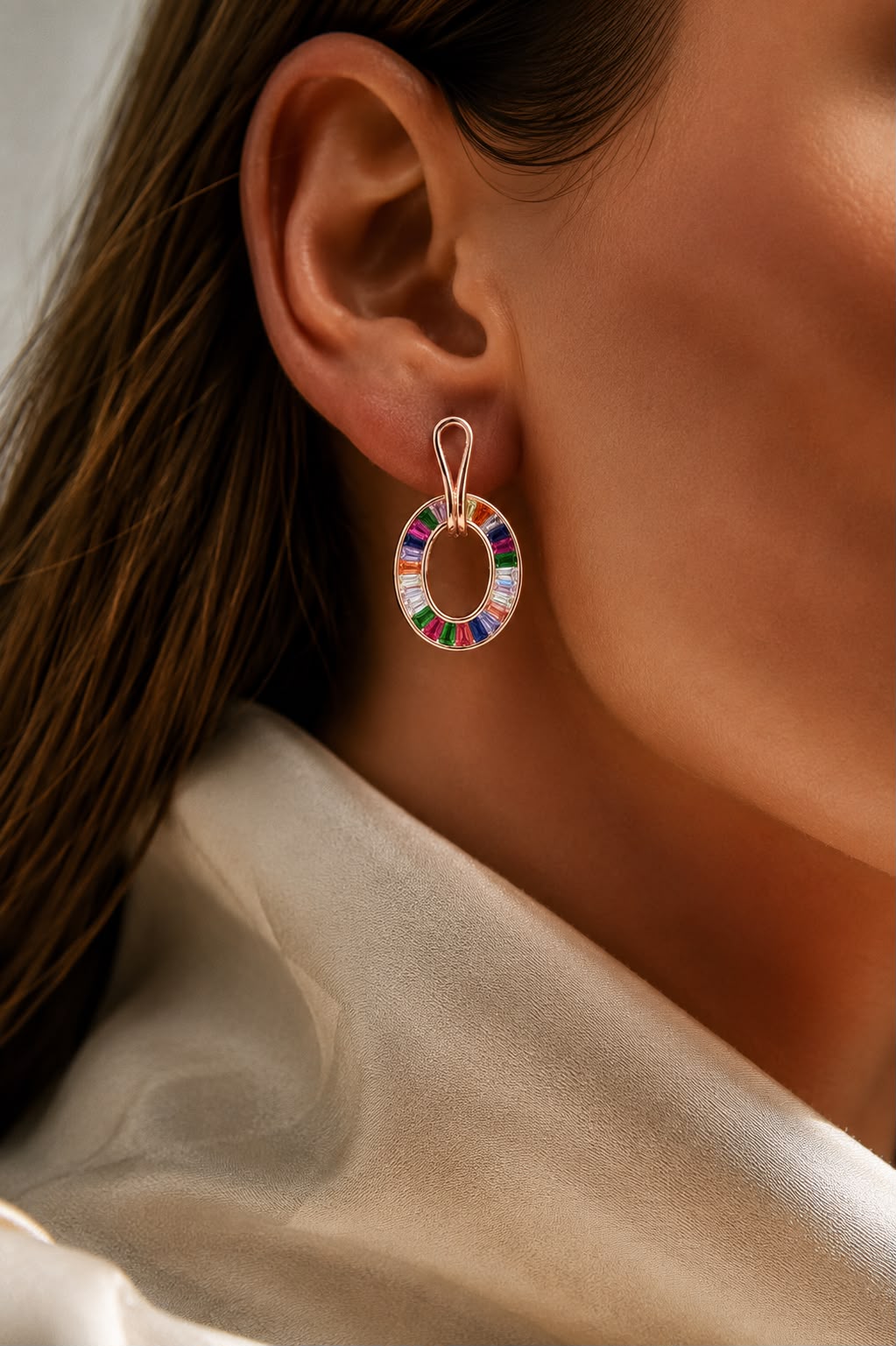 Premium Rose Gold Finish Oval Rainbow Pendant Set on Pure 925 Silver