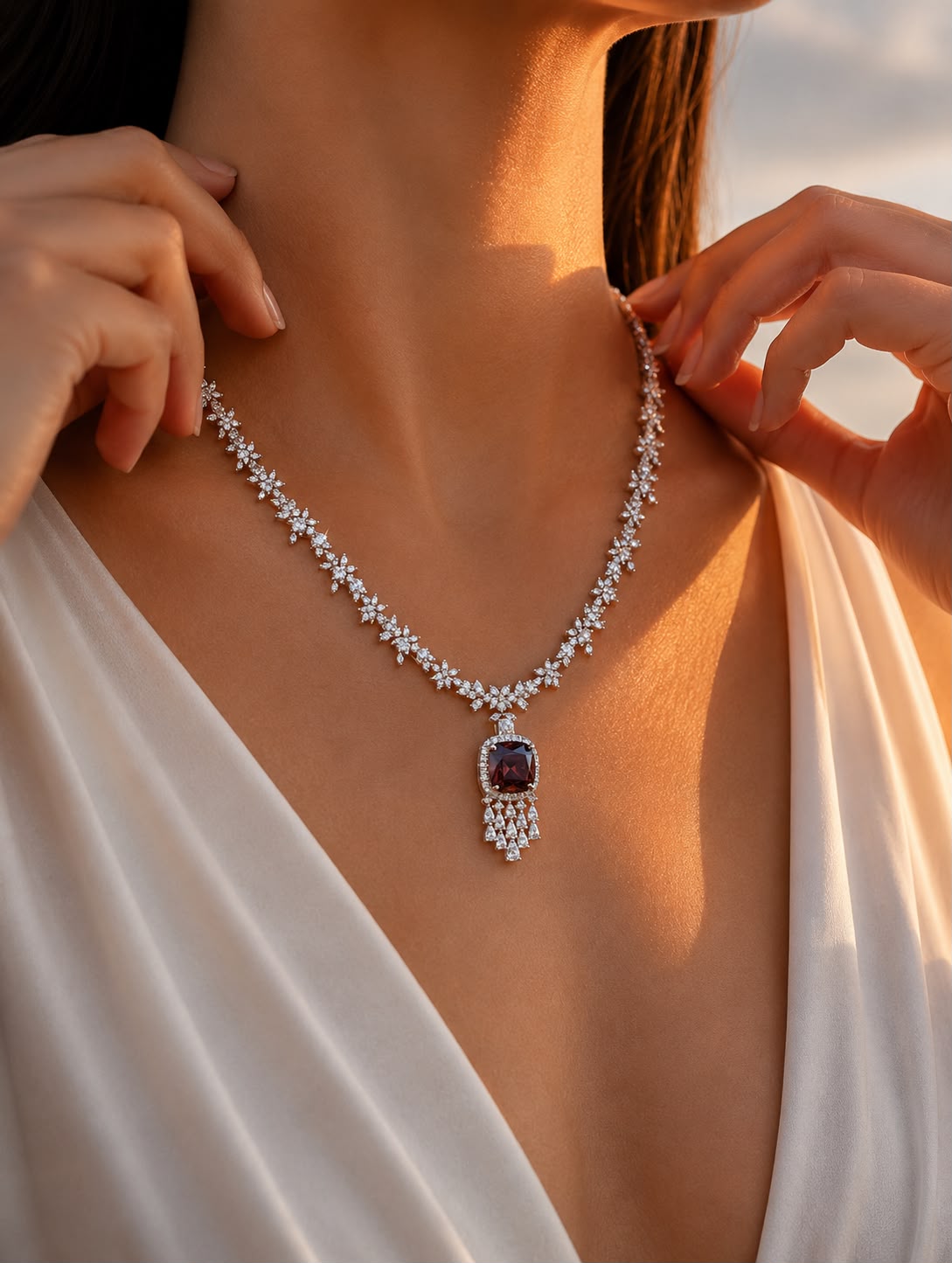 TOJ Everyday - Deep Wine Cushion and Fancy Diamond Bridal Wedding Necklace Set with Earrings