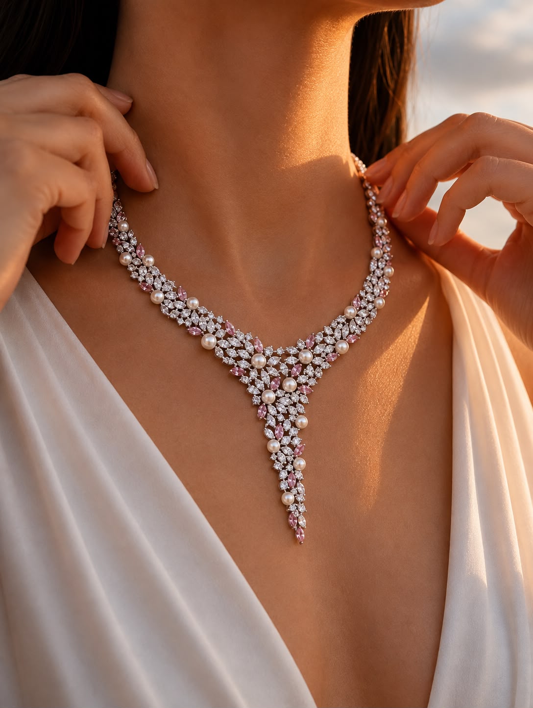 TOJ Everyday - Premium Pink Marquise Diamond and Fresh Water Pearl Solace Cocktail Necklace Set with Earrings
