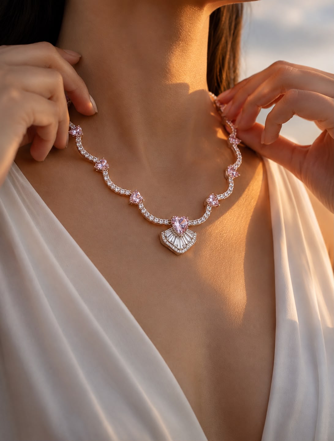 Premium American Diamond and Pink Heart Solitaire Necklace on Pure 925 Silver