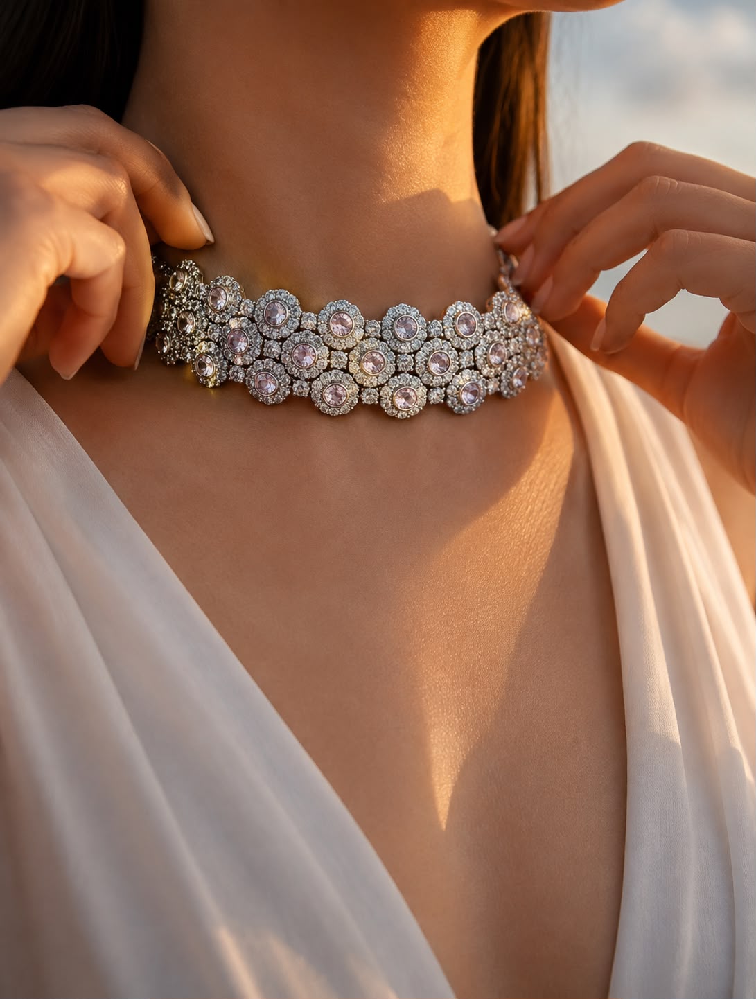 TOJ Everyday - Pink Diamond Choker Necklace Set with Earrings for Women