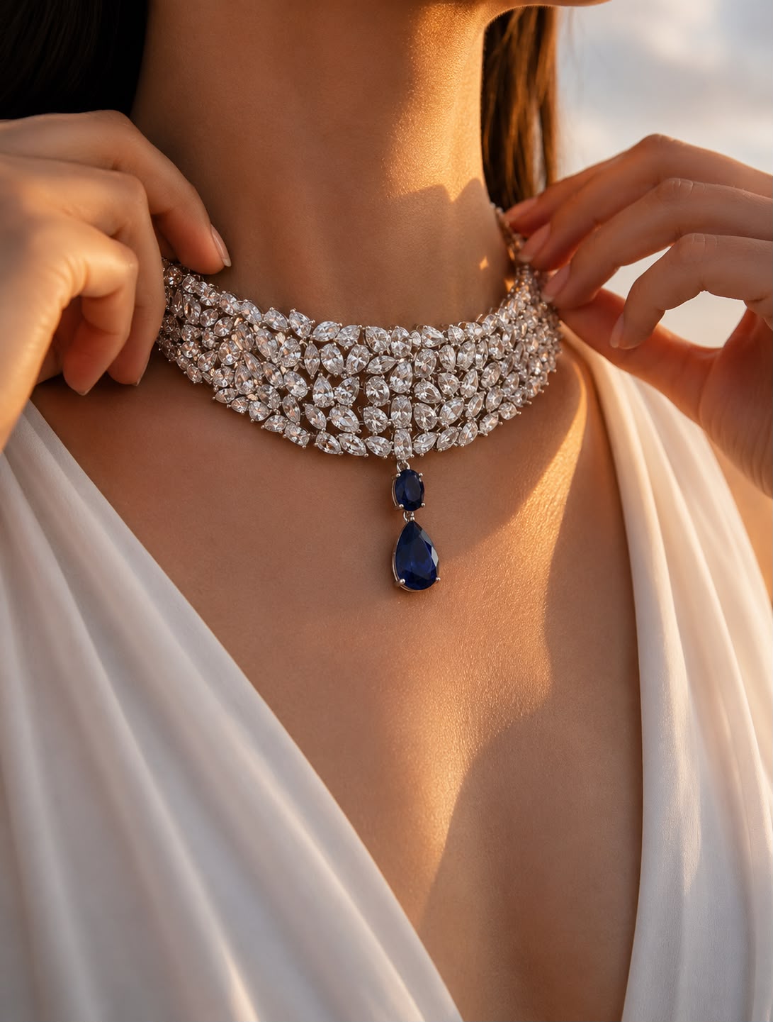 TOJ Everyday - 5 Line Multi Solitaire Premium Blue Drop Choker Necklace Set
