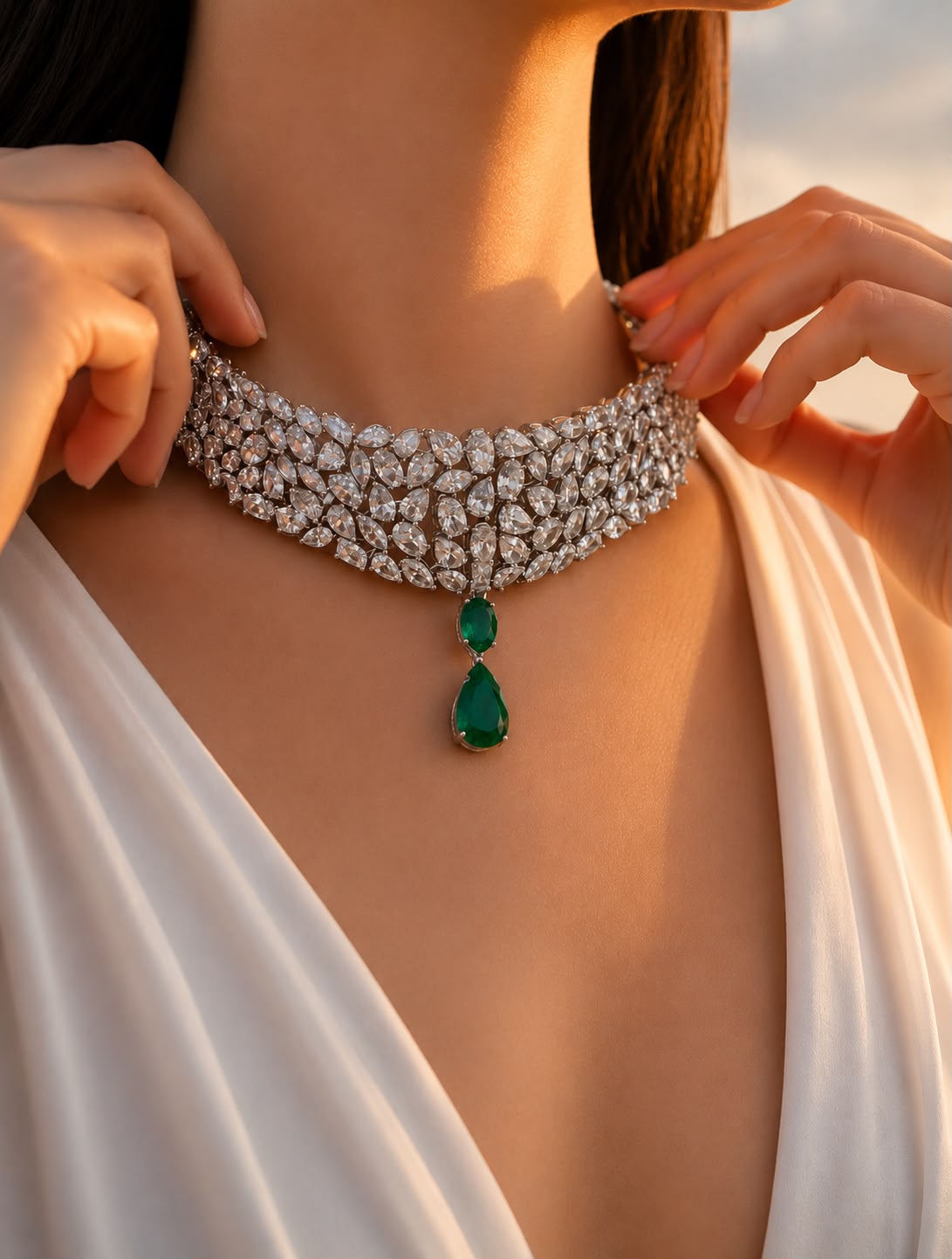 TOJ Everyday - 5 Line Multi Solitaire Premium Green Emerald Drop Choker Necklace Set