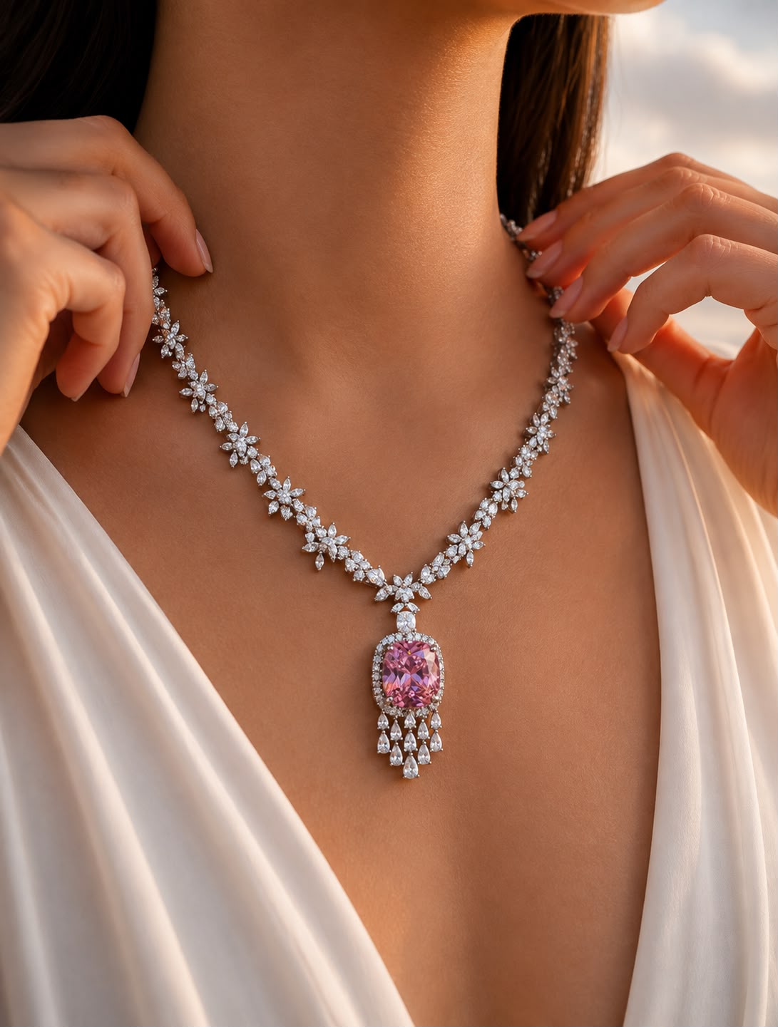 TOJ Everyday - Crystal Pink Cushion and Fancy Diamond Bridal Wedding Necklace Set with Earrings