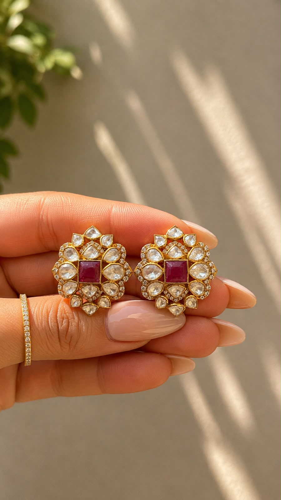 Pure 925 Silver Polki Meher Ruby Statement Stud Earrings for Women | Twenty One Jewels