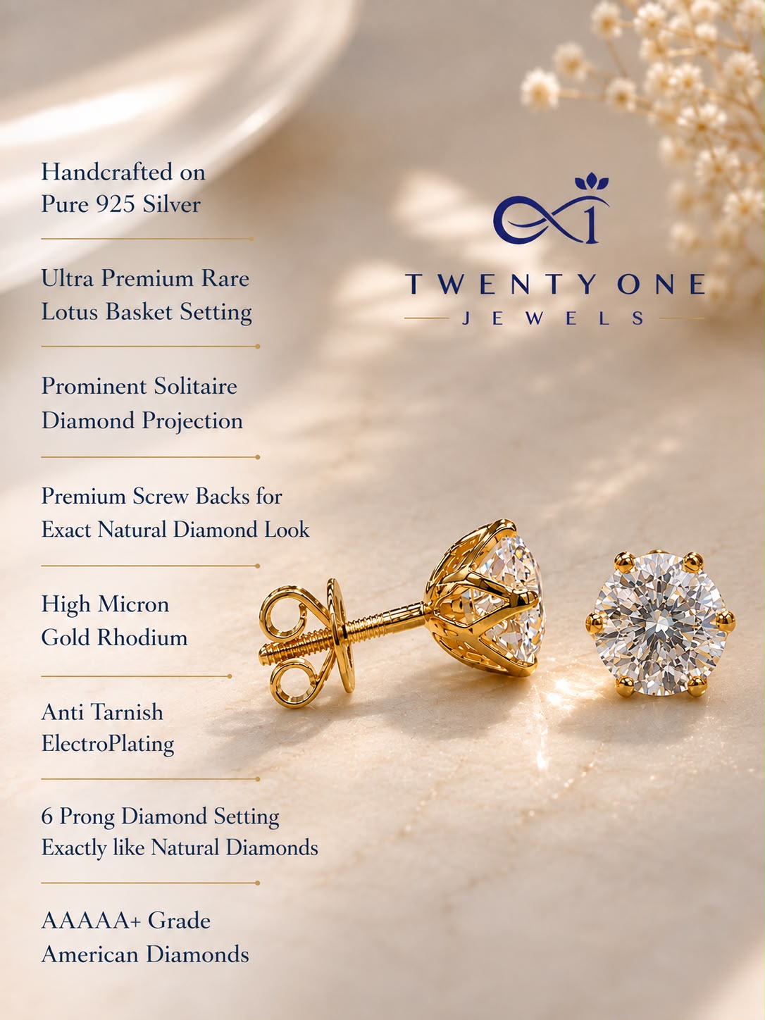 The Ultimate Solitaire Studs - Ultra Premium 2 Carat Each 6 Prong Solitaire Stud with Premium Lotus Basket Setting on Pure 925 Silver