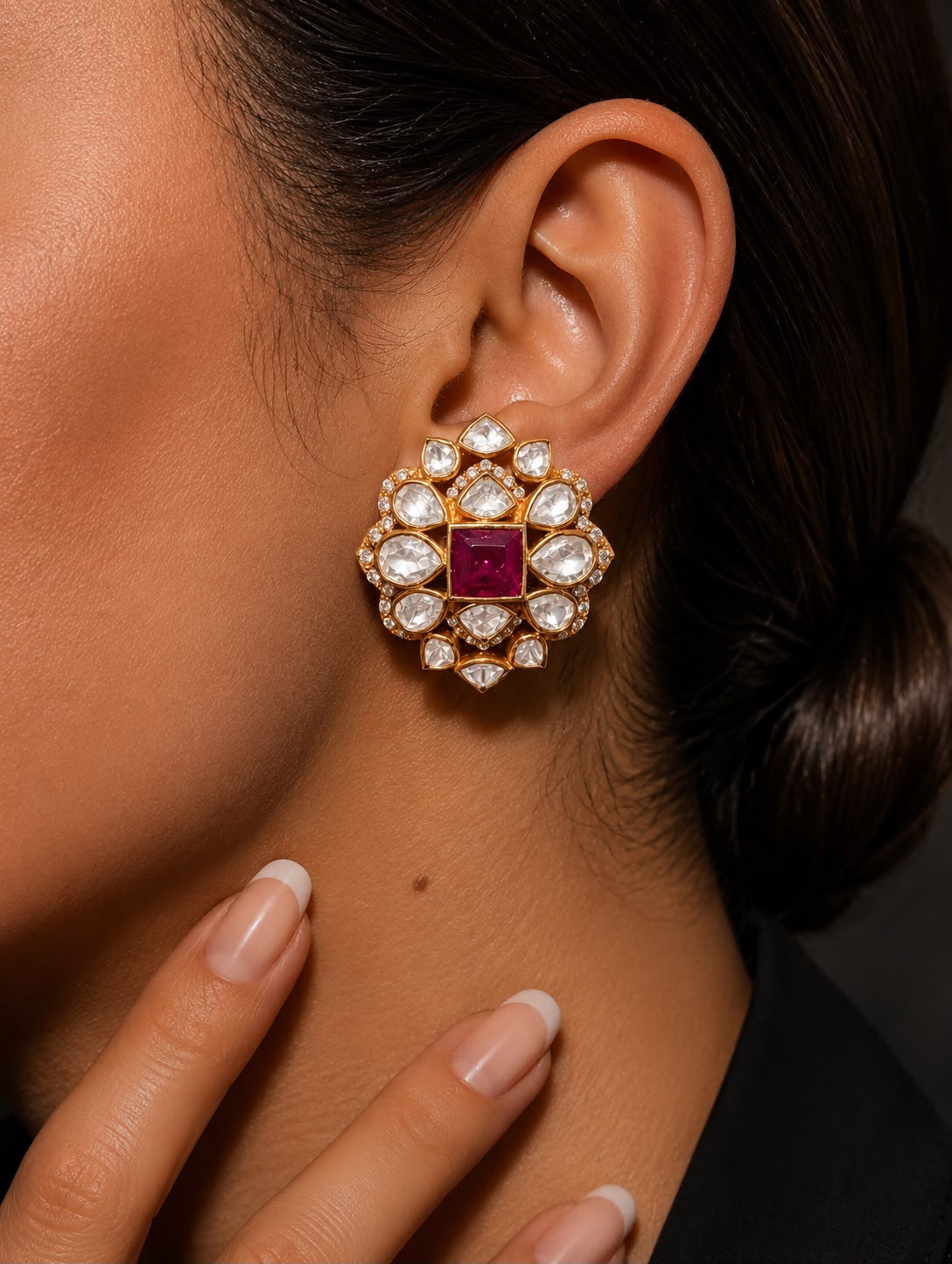Pure 925 Silver Polki Meher Ruby Statement Stud Earrings for Women | Twenty One Jewels