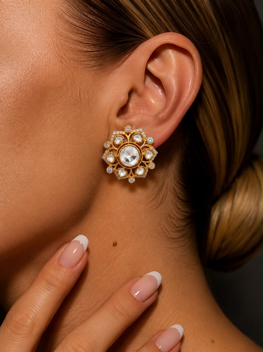 Pure 925 Silver Polki Aarna Statement Stud Earrings for Women | Twenty One Jewels