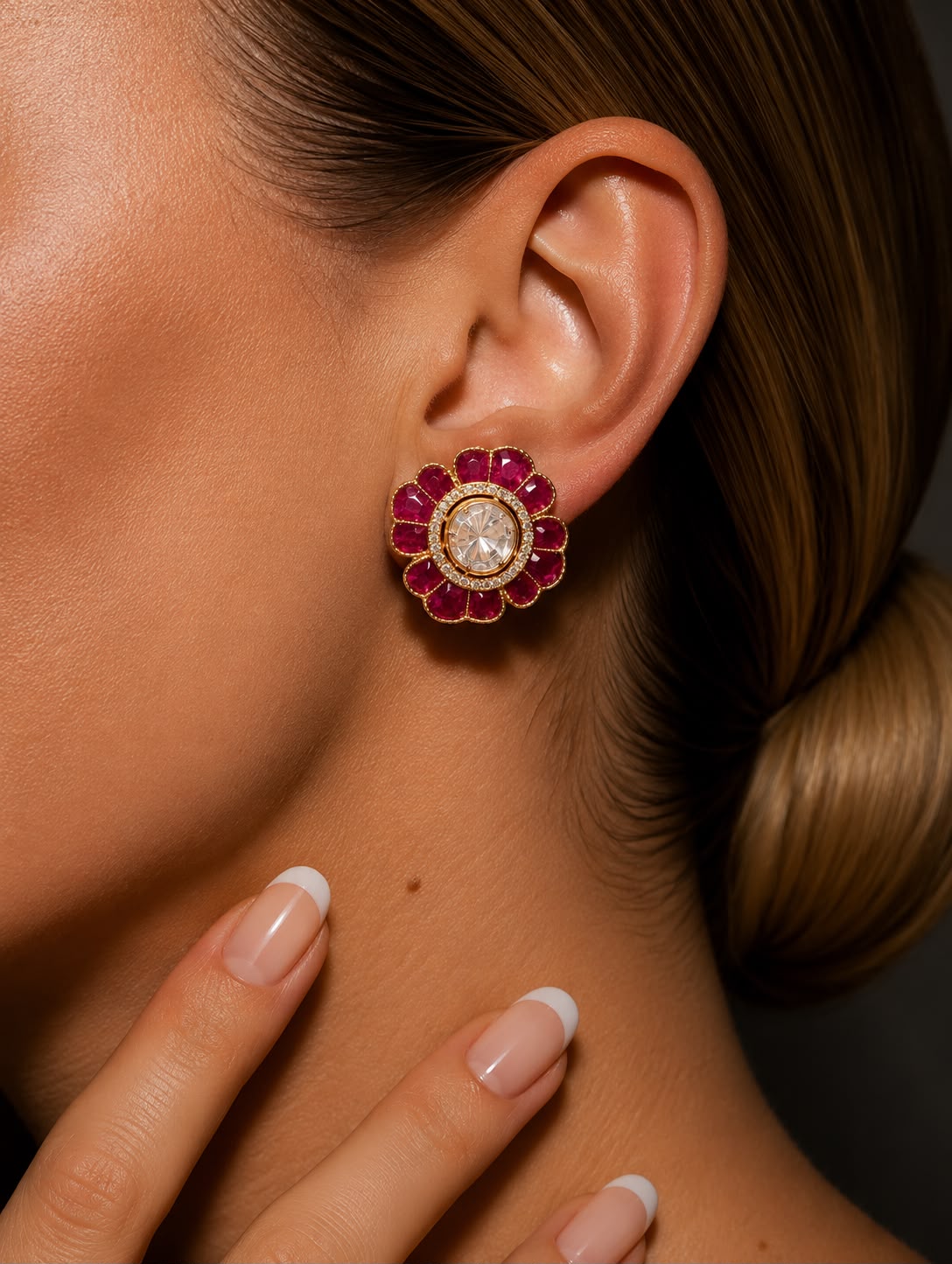 Pure Silver 2 Carat Polki Pair with Intricate Ruby Petals