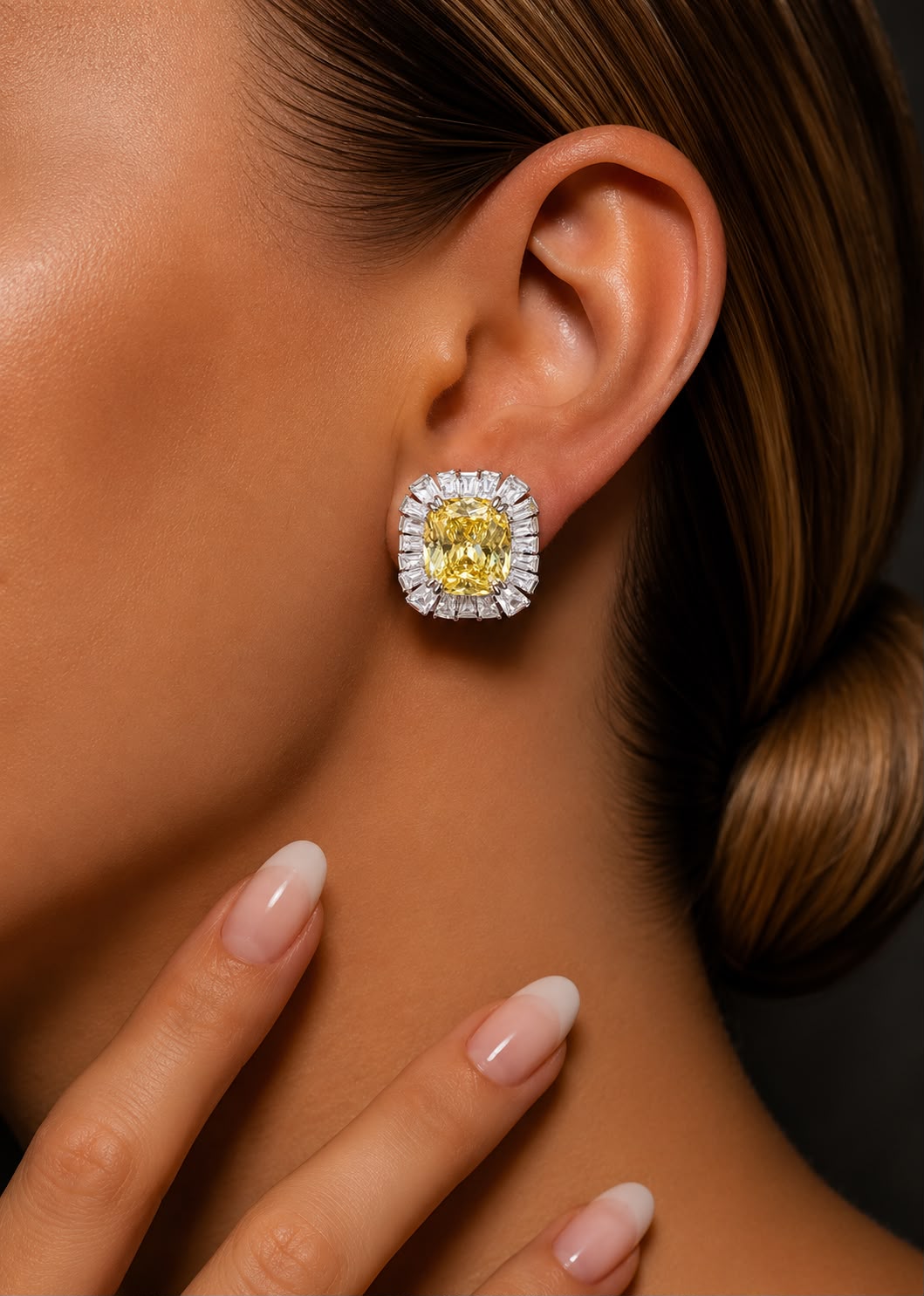 Ultra Premium Ice Cut American Diamond Pure 925 Silver Fancy Yellow Cushion Cut Baguette Halo Statement Stud Earrings for Women |Twenty One Jewels