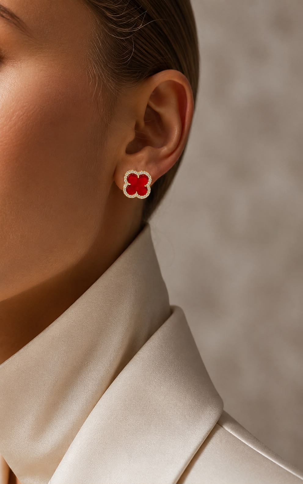 Ultra Premium Pure 925 Silver Rouge Red Clover American Diamond Stud Earrings for Women | Twenty One Jewels