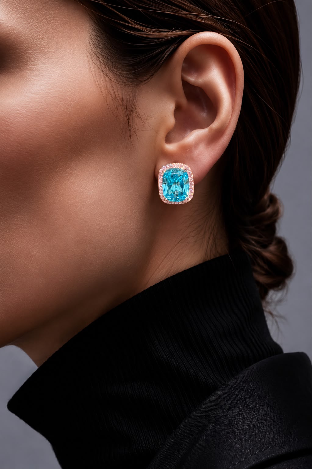 Ultra Premium Ice Cut American Diamond Pure 925 Silver Aqua Blue Cushion Cut Pink Halo Statement Stud Earrings for Women | Twenty One Jewels