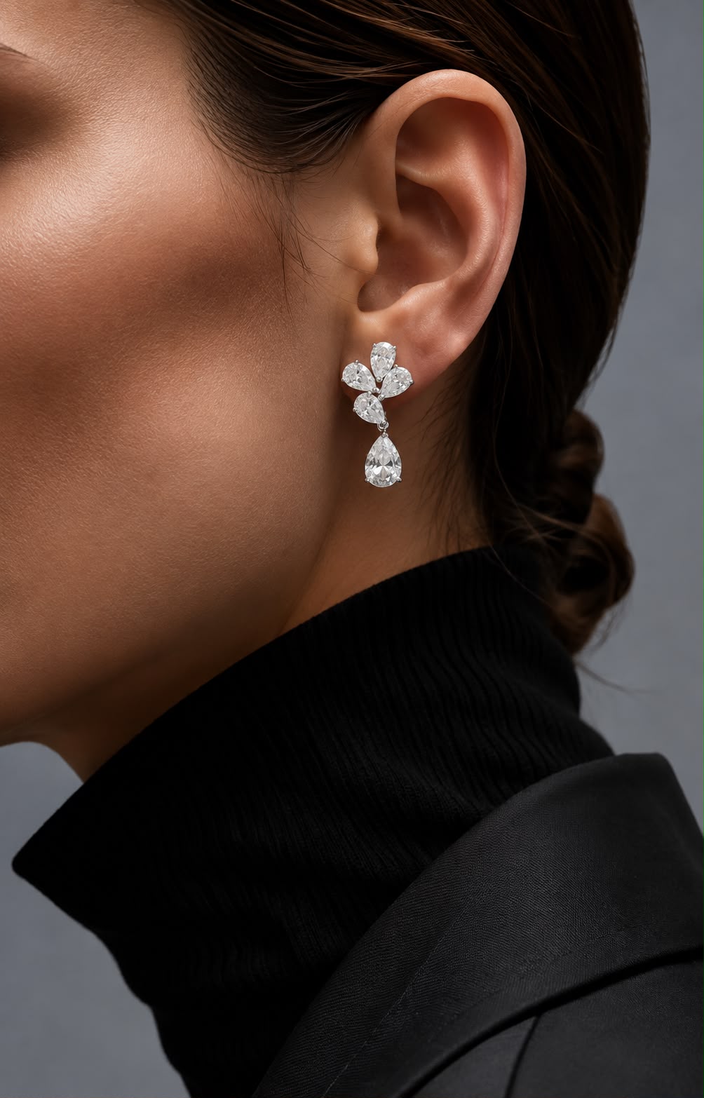 Ultra Premium Ice Cut American Diamond Pure 925 Silver Pear Cut Floral Cluster Solitaire Earrings for Women | Twenty One Jewels