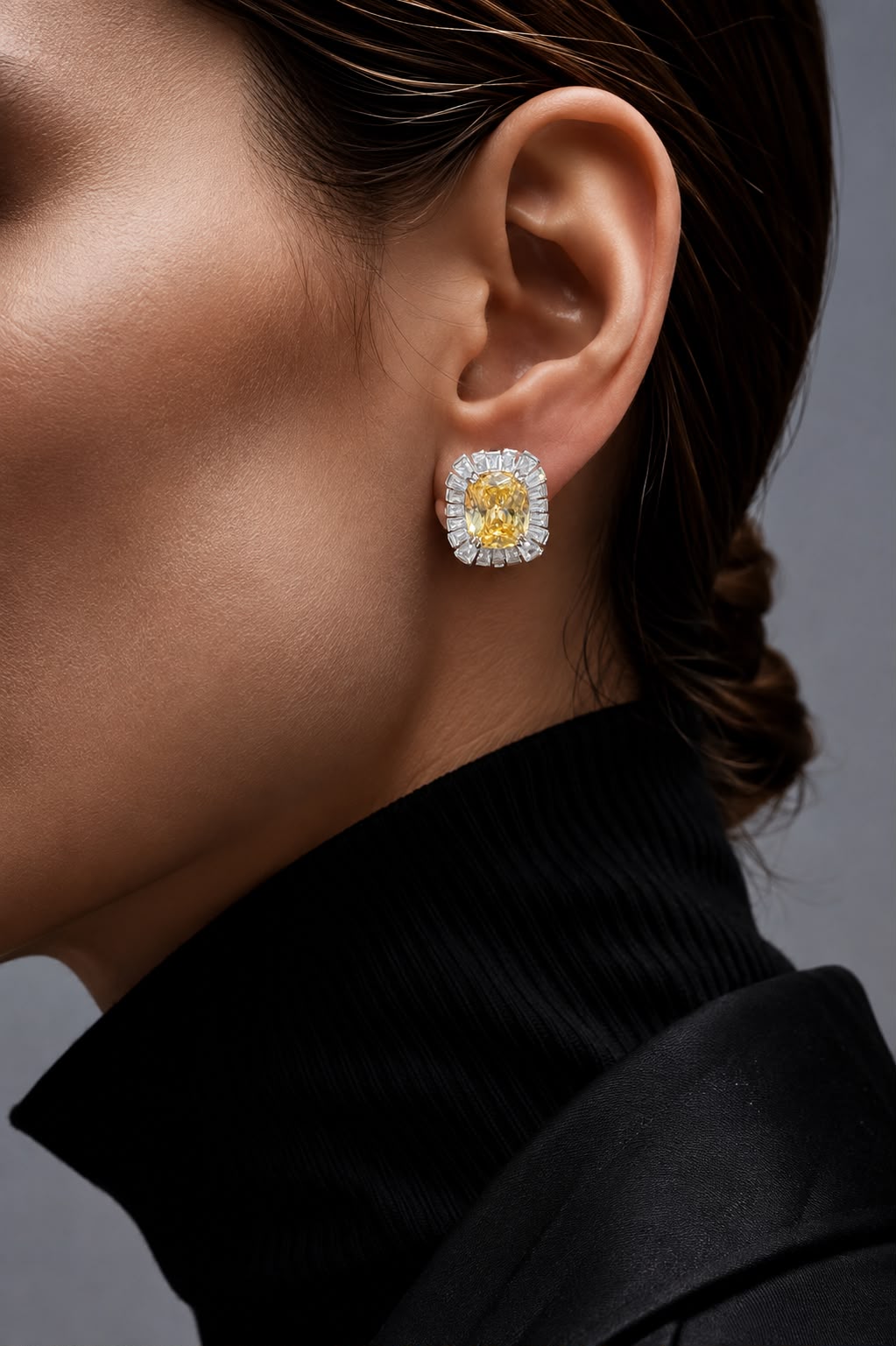 Ultra Premium Ice Cut American Diamond Pure 925 Silver Fancy Yellow Cushion Cut Baguette Halo Statement Stud Earrings for Women |Twenty One Jewels