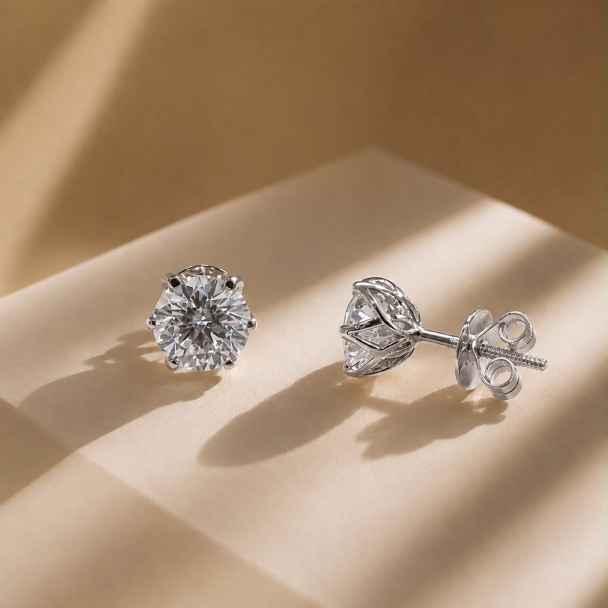 The Ultimate Solitaire Studs - Ultra Premium 2 Carat Each 6 Prong Solitaire Stud with Premium Lotus Basket Setting on Pure 925 Silver ( White Gold Finish )