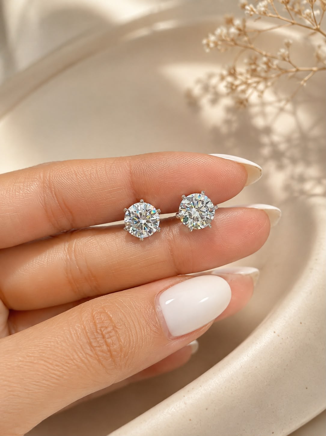 The Ultimate Solitaire Studs - Ultra Premium 2 Carat Each 6 Prong Solitaire Stud with Premium Lotus Basket Setting on Pure 925 Silver ( White Gold Finish )
