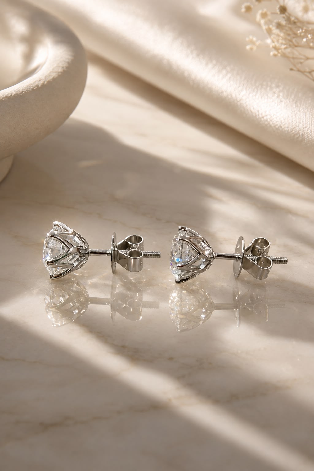 The Ultimate Solitaire Studs - Ultra Premium 2 Carat Each 6 Prong Solitaire Stud with Premium Lotus Basket Setting on Pure 925 Silver ( White Gold Finish )