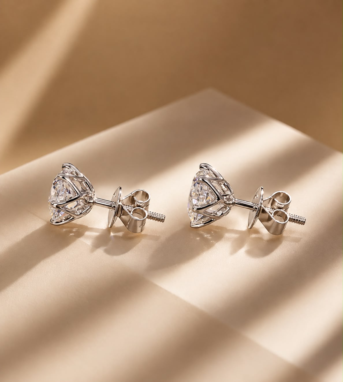 The Ultimate Solitaire Studs - Ultra Premium 2 Carat Each 6 Prong Solitaire Stud with Premium Lotus Basket Setting on Pure 925 Silver ( White Gold Finish )