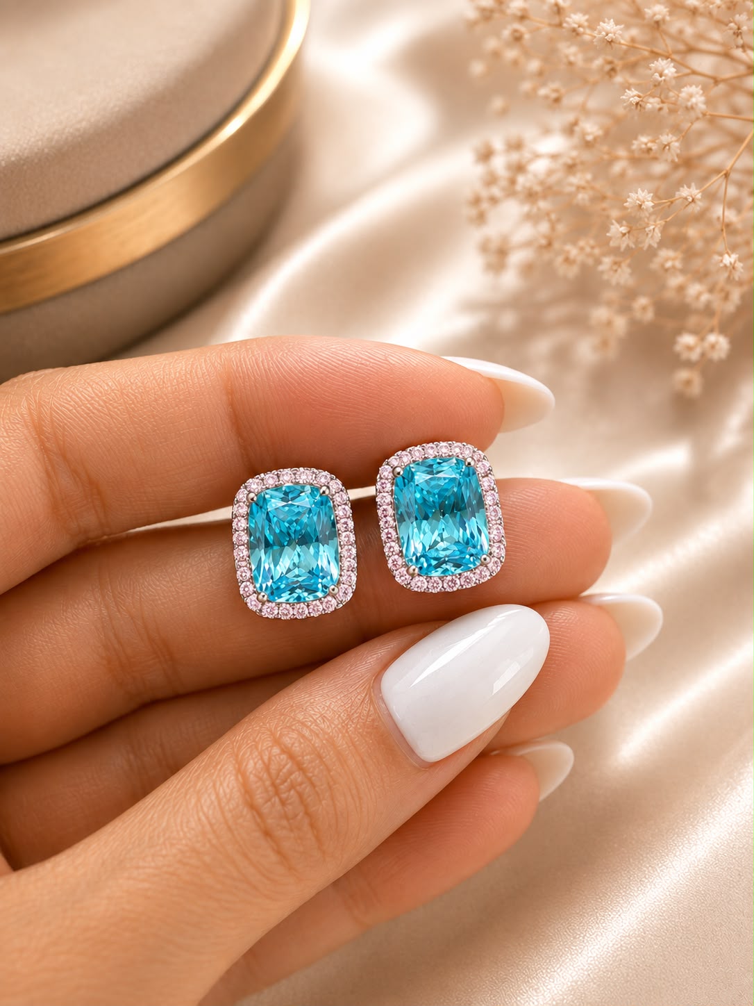 Ultra Premium Ice Cut American Diamond Pure 925 Silver Aqua Blue Cushion Cut Pink Halo Statement Stud Earrings for Women | Twenty One Jewels