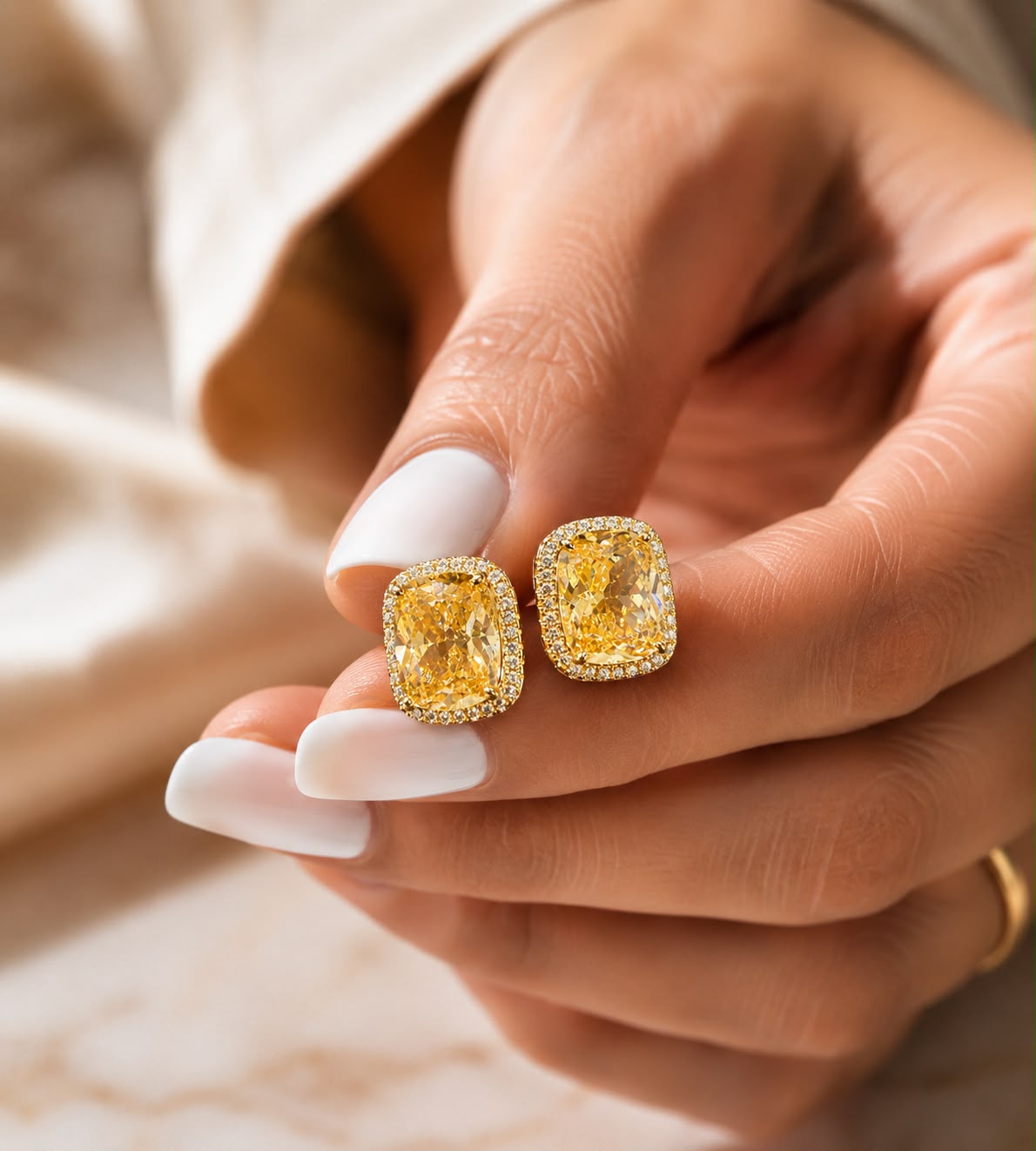 Pure 925 Silver Ultra Premium Elara Yellow American Diamond Cushion Stud Earrings for Women | Twenty One Jewels
