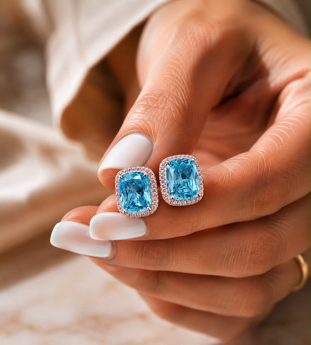 Ultra Premium Ice Cut American Diamond Pure 925 Silver Aqua Blue Cushion Cut Pink Halo Statement Stud Earrings for Women | Twenty One Jewels