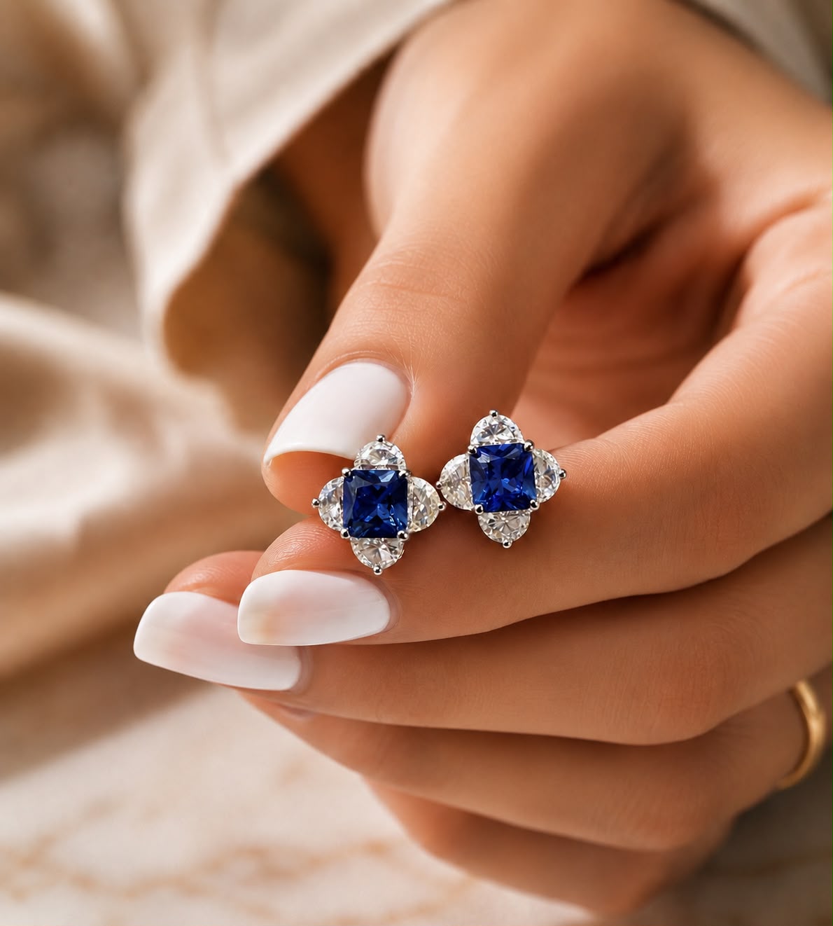 Pure 925 Silver Neel Blue Sapphire American Diamond Stud Earrings for Women | Twenty One Jewels