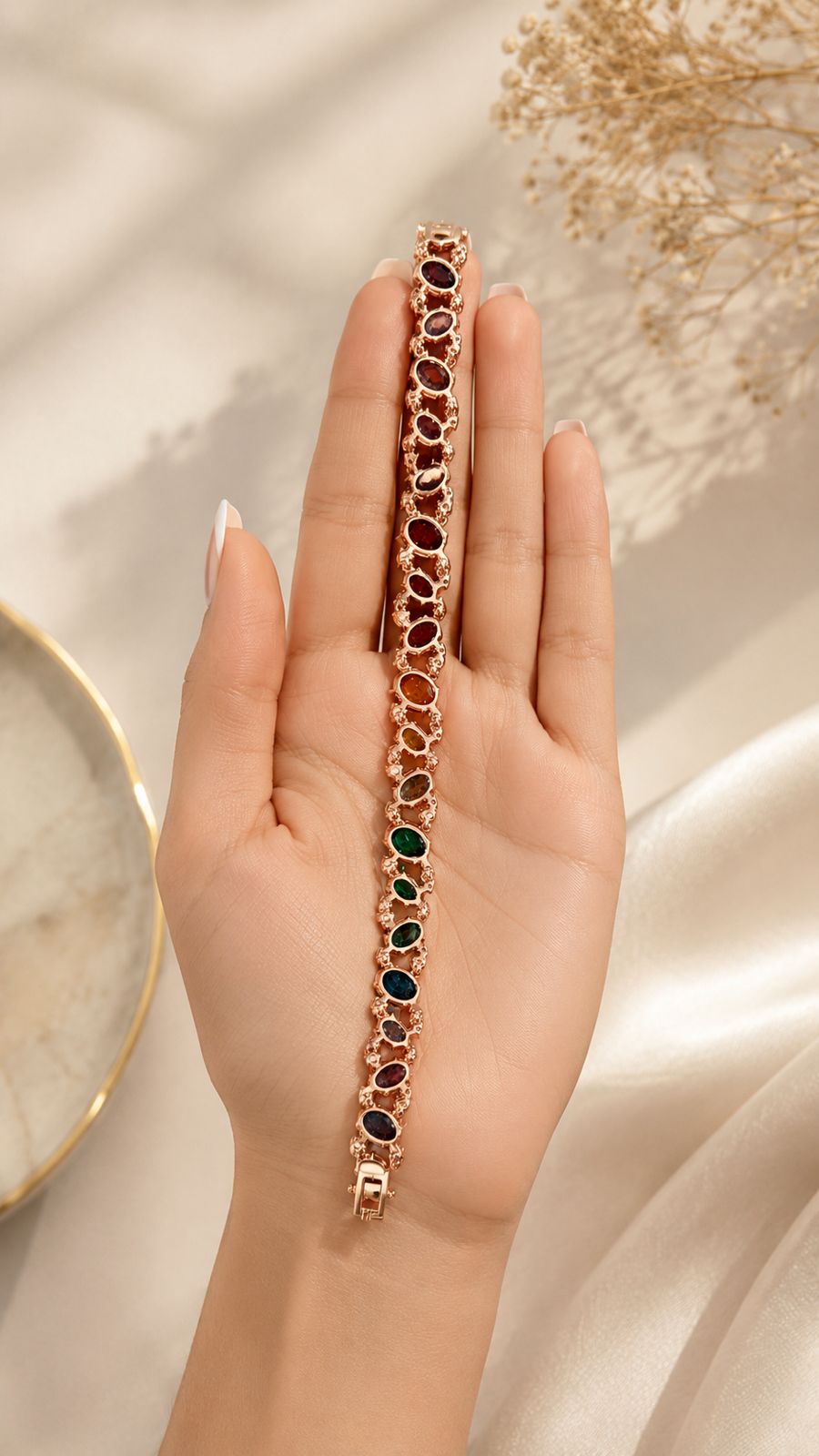 Ultra Premium Rose Gold Finish Oval Cut Solitaire Rainbow Tennis Bracelet on Pure 925 Silver