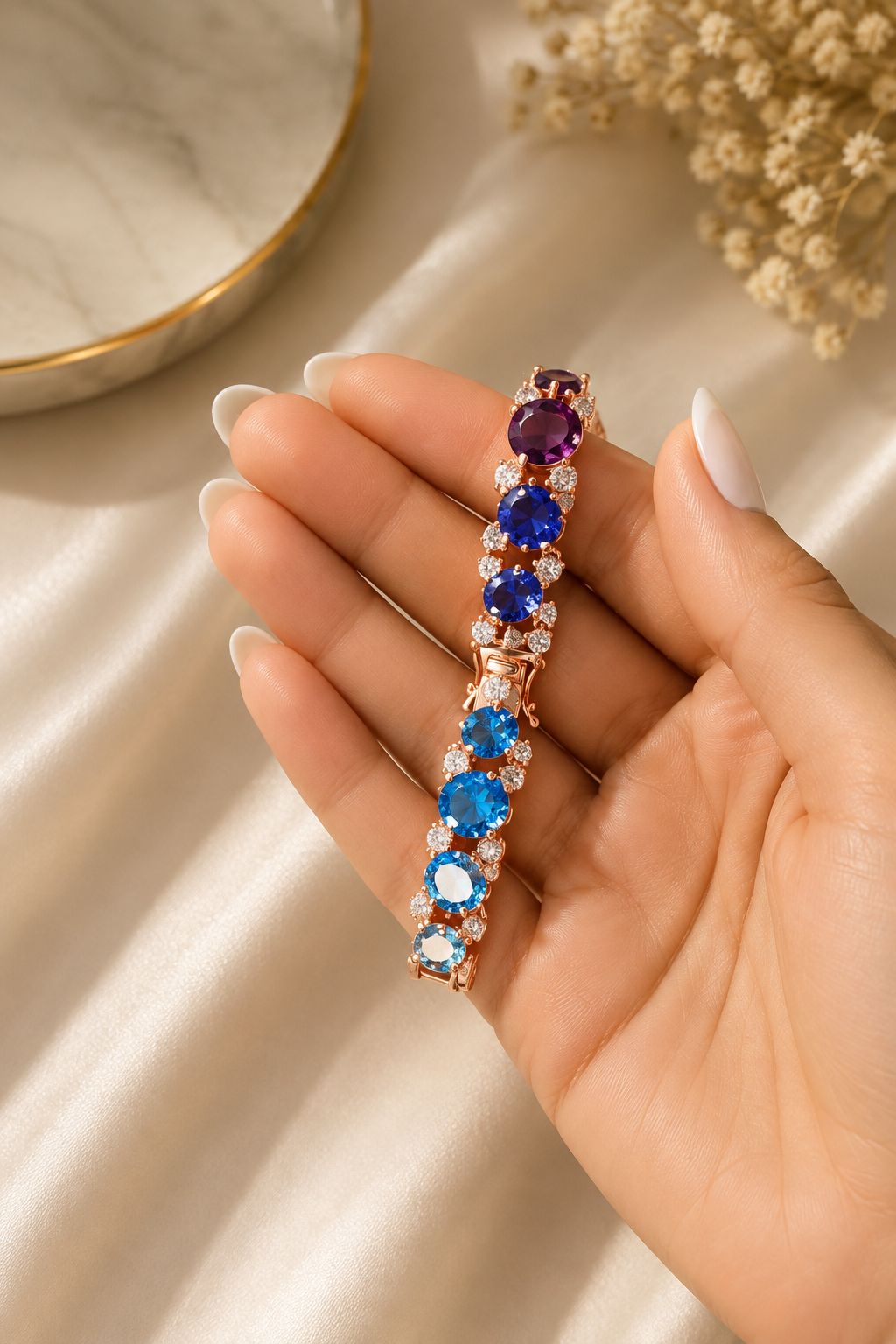 Ultra Premium Rose Gold Finish Oval Cut Solitaire Rainbow Tennis Bracelet on Pure 925 Silver