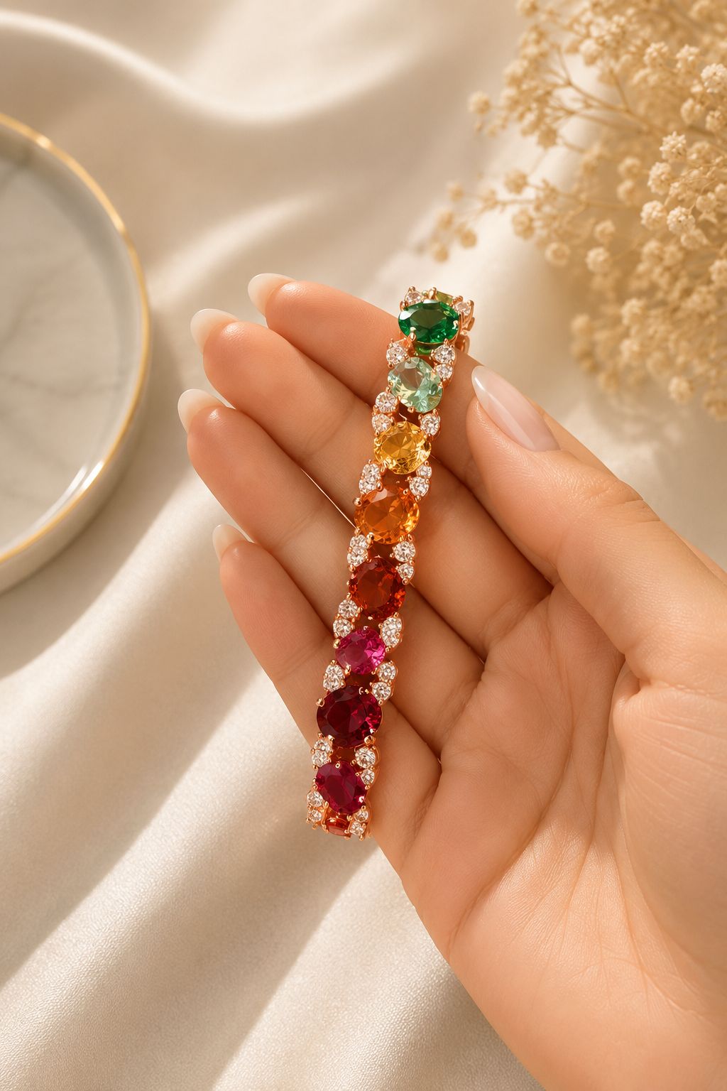 Ultra Premium Rose Gold Finish Oval Cut Solitaire Rainbow Tennis Bracelet on Pure 925 Silver