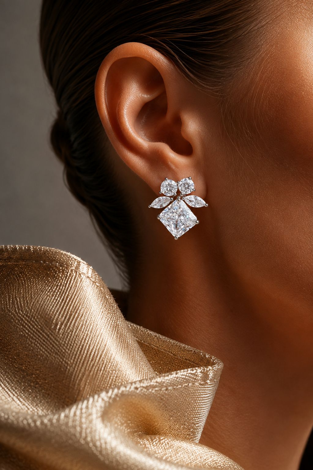 Ultra Premium Ice Cut American Diamond Pure 925 Silver Princess Cut Solitaire Mixed Shape Cluster Statement Stud Earrings for Women