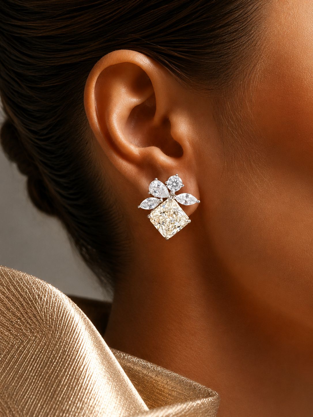 Ultra Premium Ice Cut American Diamond Pure 925 Silver Canary Princess Cut Solitaire Mixed Shape Cluster Statement Stud Earrings for Women