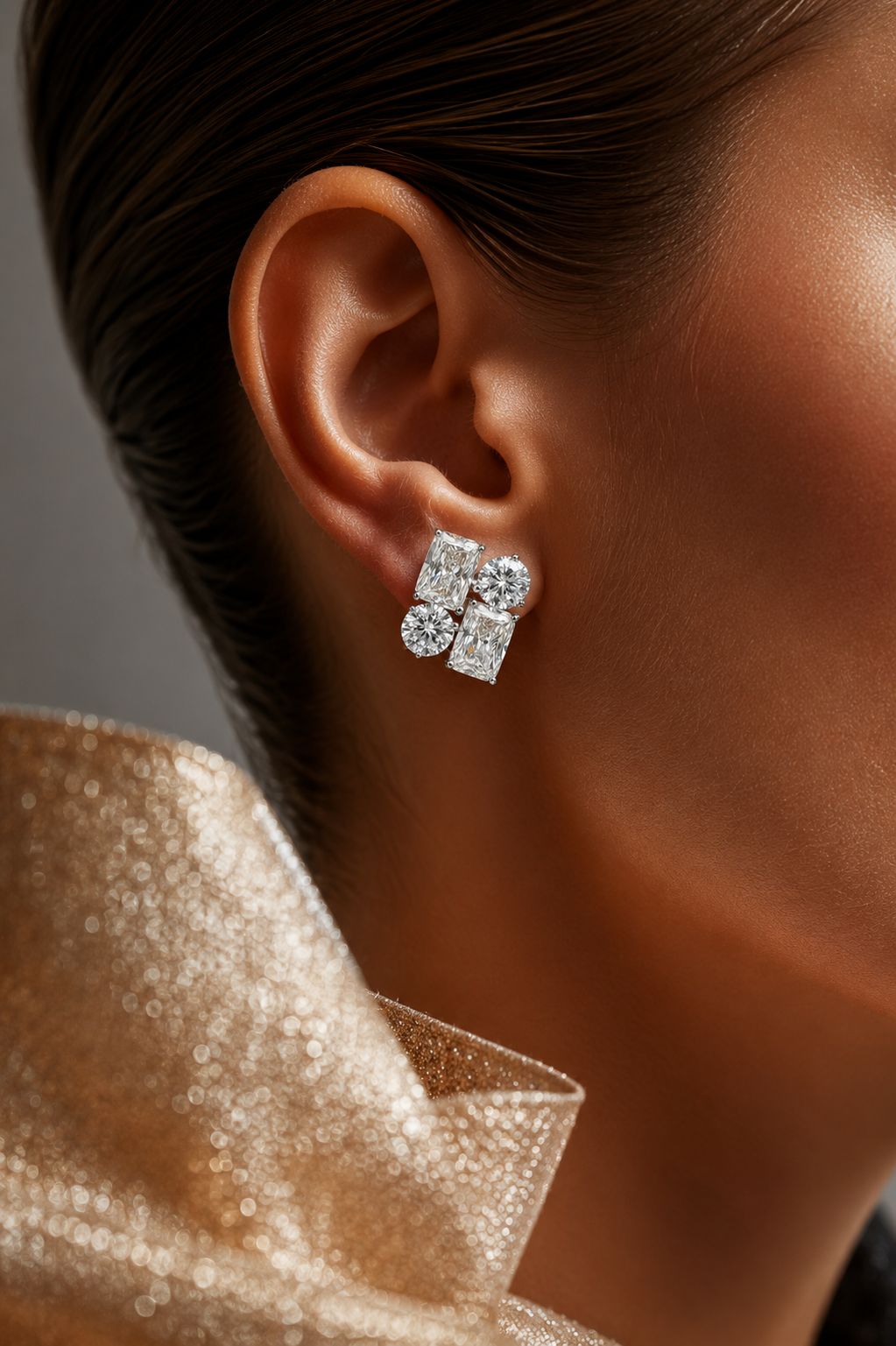 Ultra Premium Ice Cut American Diamond Pure 925 Silver Radiant & Round Cut Four Stone Cluster Stud Earrings for Women