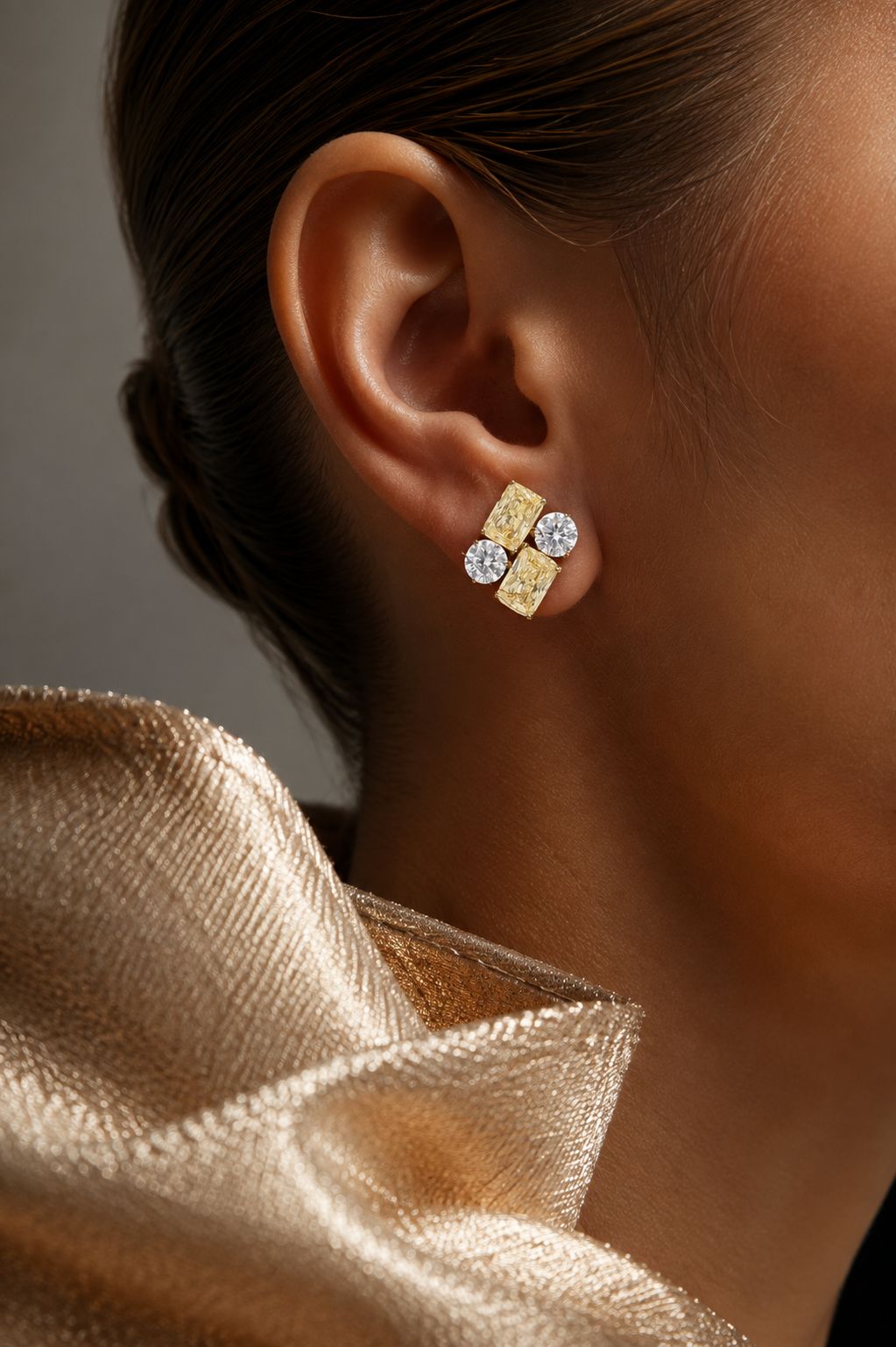 Ultra Premium Ice Cut American Diamond Pure 925 Silver Fancy Yellow Radiant & Round Cut Four Stone Cluster Stud Earrings for Women