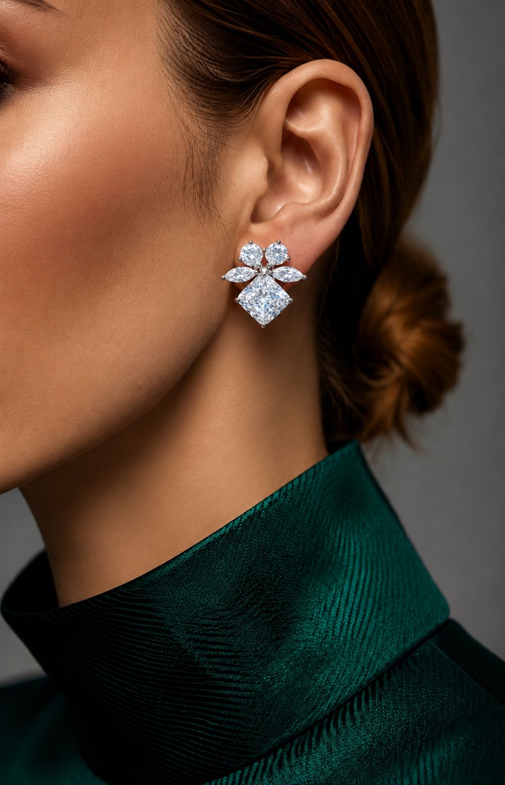 Ultra Premium Ice Cut American Diamond Pure 925 Silver Princess Cut Solitaire Mixed Shape Cluster Statement Stud Earrings for Women