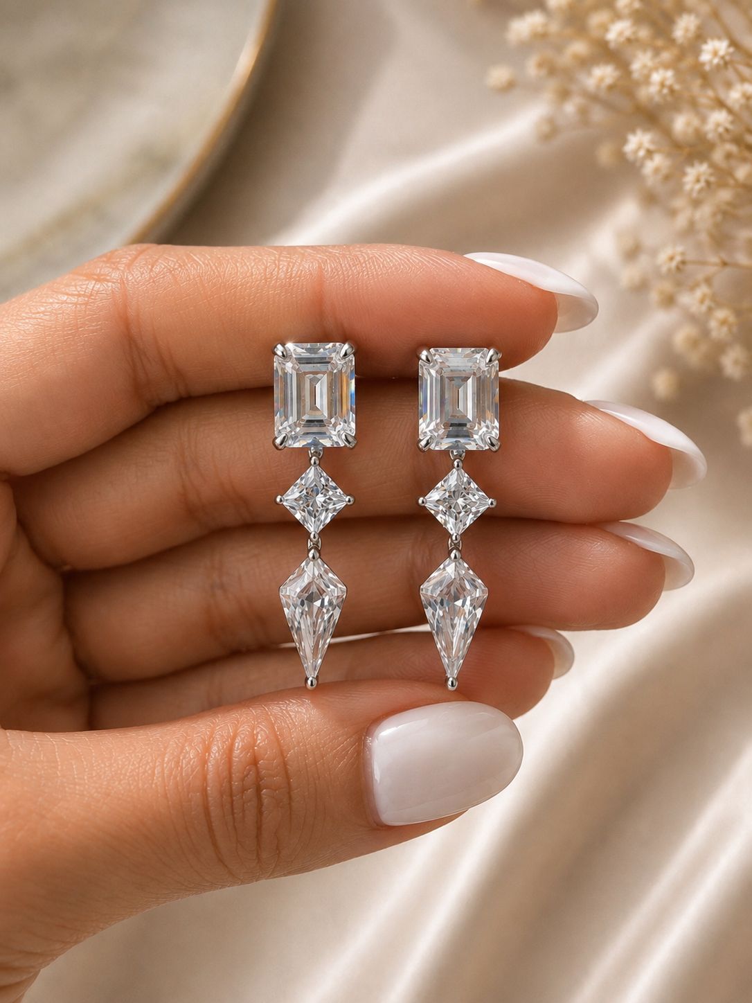 Ultra Premium Ice Cut American Diamond Pure 925 Silver Emerald, Princess & Kite Cut Three Stone Statement Drop Earrings for Women