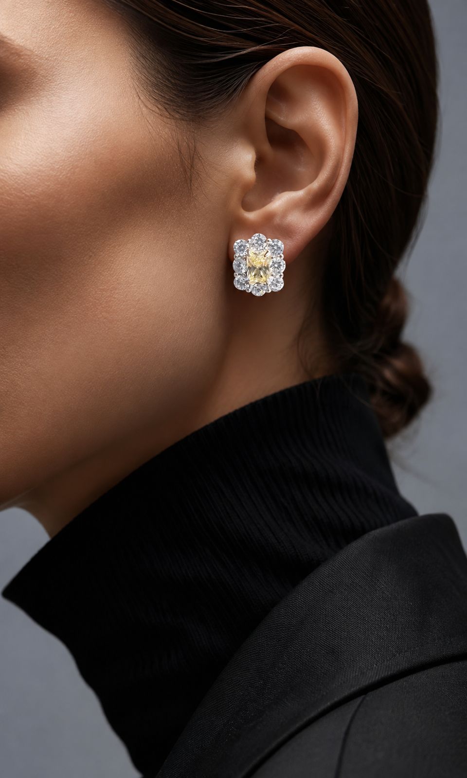 Ultra Premium Ice Cut American Diamond Pure 925 Silver Fancy Yellow Radiant Cut Round Halo Statement Stud Earrings for Women