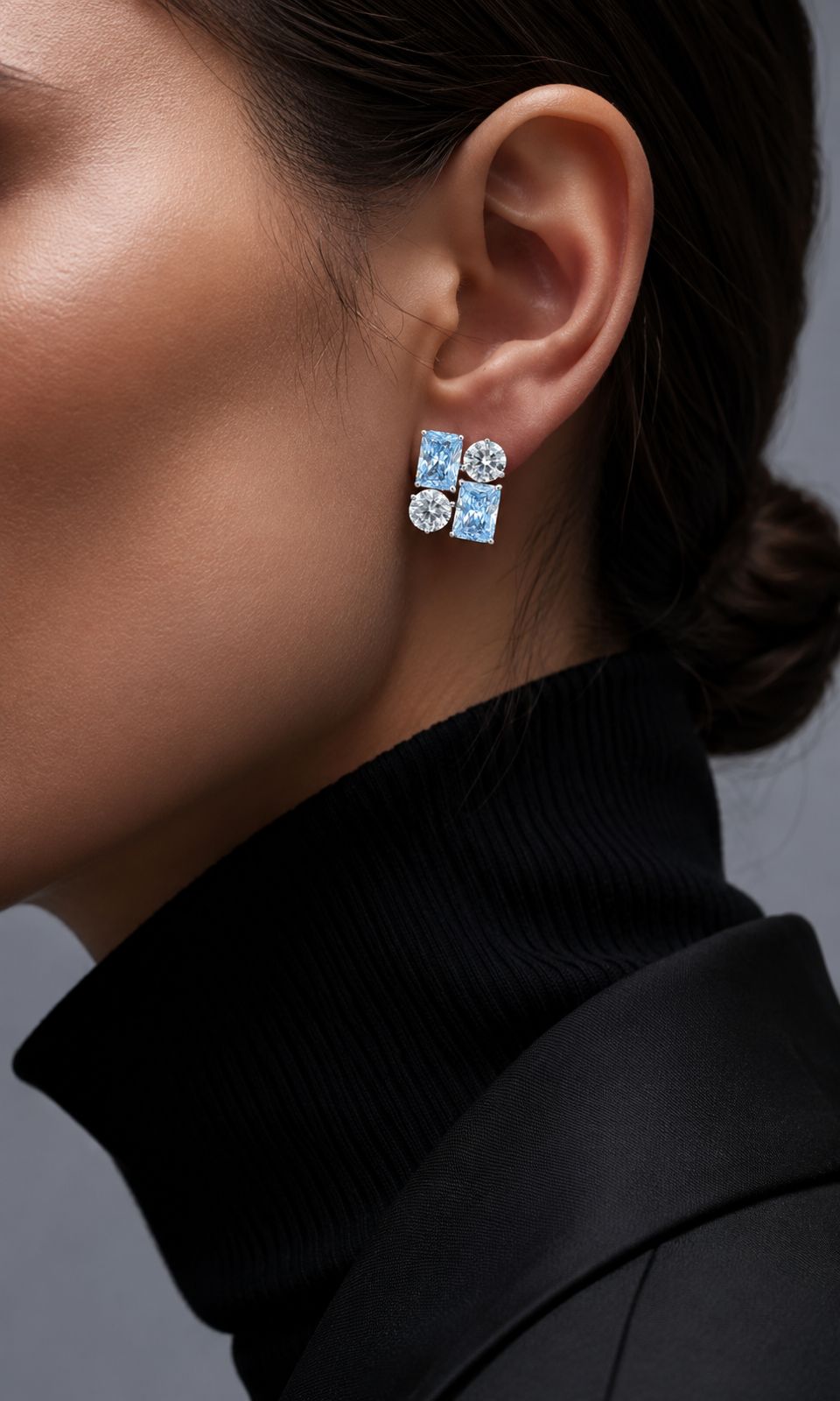 Ultra Premium Ice Cut American Diamond Pure 925 Silver Aqua Blue Radiant & Round Cut Four Stone Cluster Stud Earrings for Women