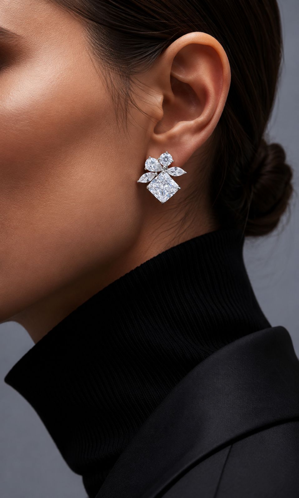 Ultra Premium Ice Cut American Diamond Pure 925 Silver Princess Cut Solitaire Mixed Shape Cluster Statement Stud Earrings for Women