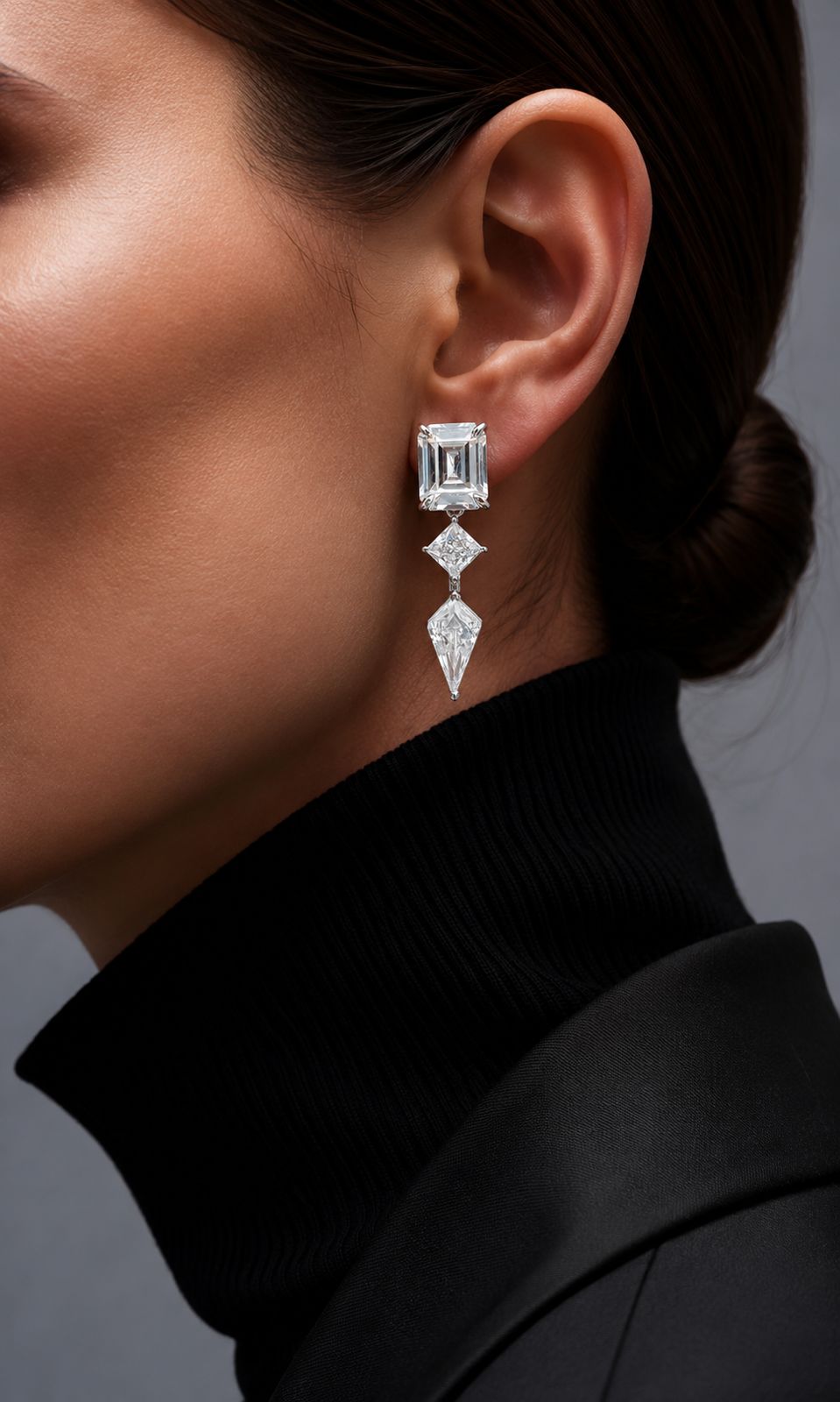 Ultra Premium Ice Cut American Diamond Pure 925 Silver Emerald, Princess & Kite Cut Three Stone Statement Drop Earrings for Women