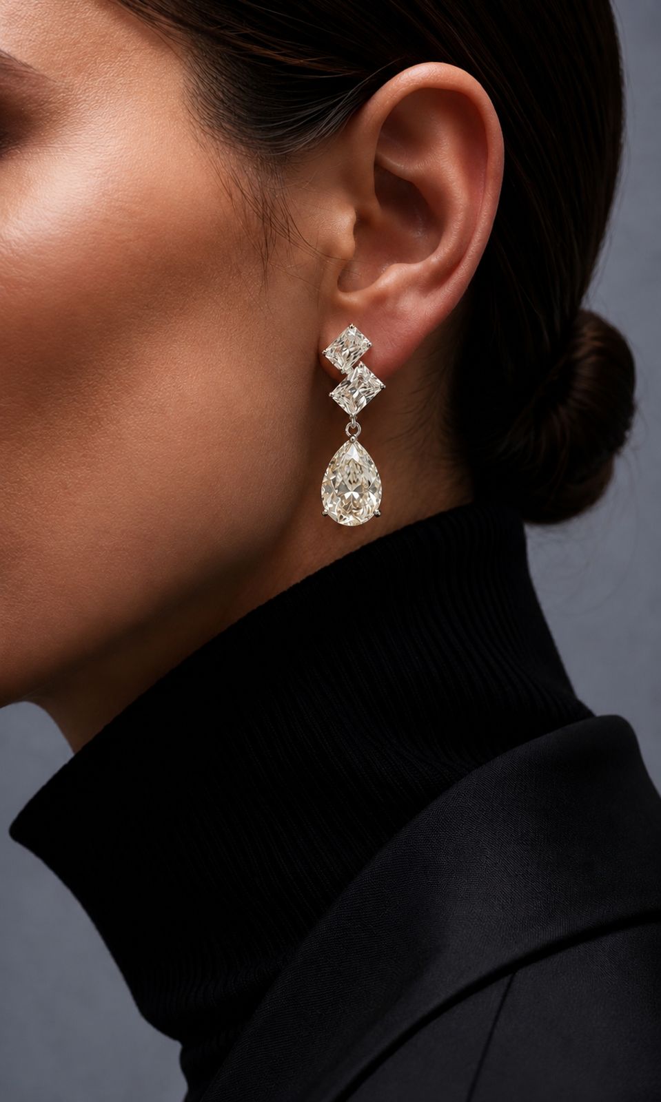 Ultra Premium Ice Cut American Diamond Pure 925 Silver Radiant & Pear Cut Three Stone Solitaire Drop Earrings for Women